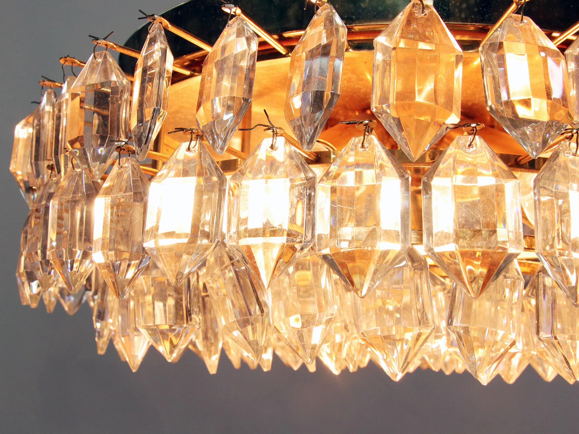 Austrian Vienna Lobmeyr / Bakalowits & Sons Large Flush Mount Chandelier Crystal & Brass For Sale