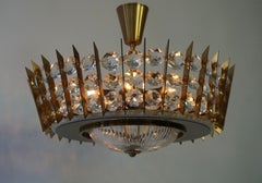 Mid-Century Modern Brass and Crystal Flush Mount Chandelier, Italy