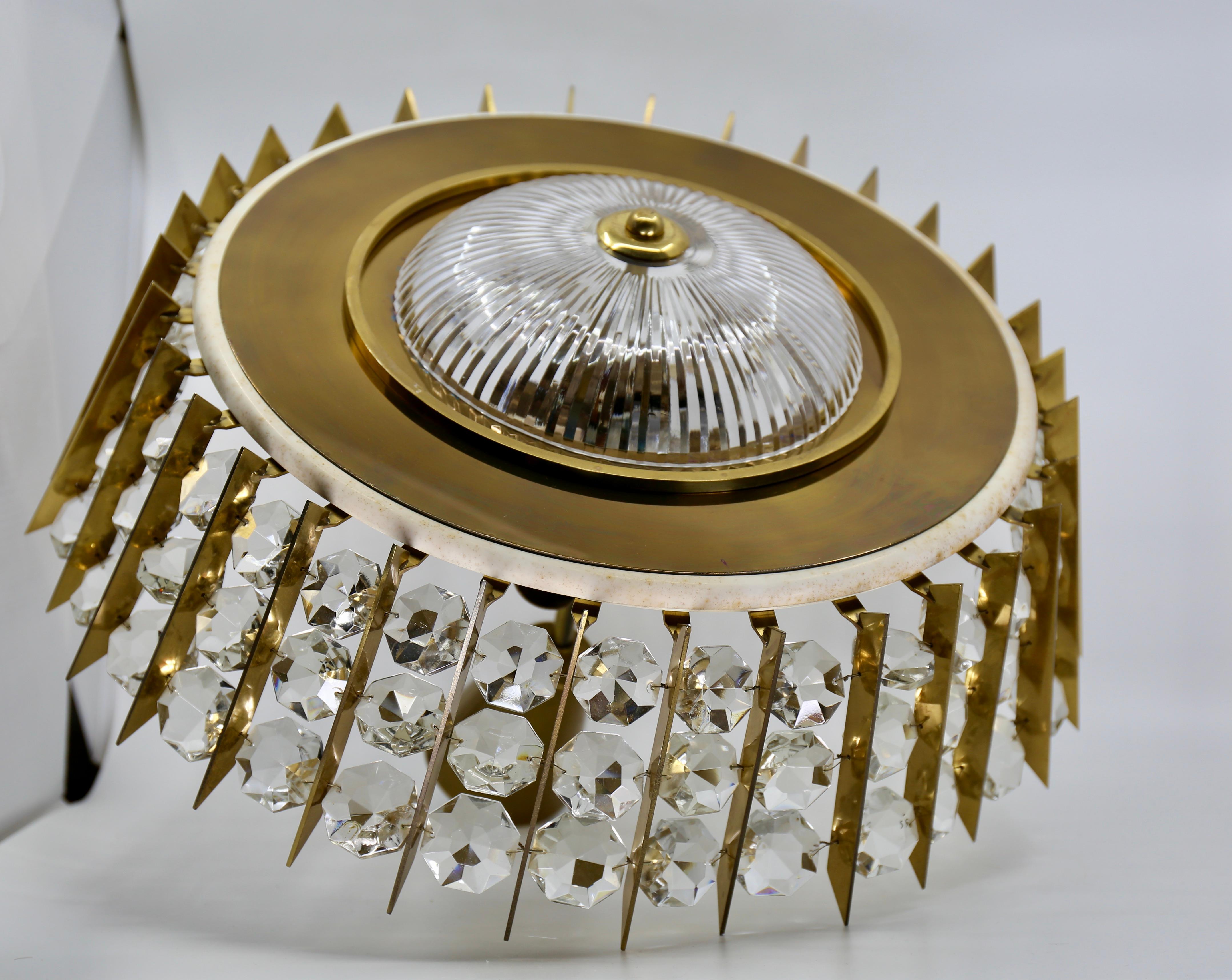 Mid-Century Modern  Brass and Crystal Flush Mount, Italy , 1950s For Sale