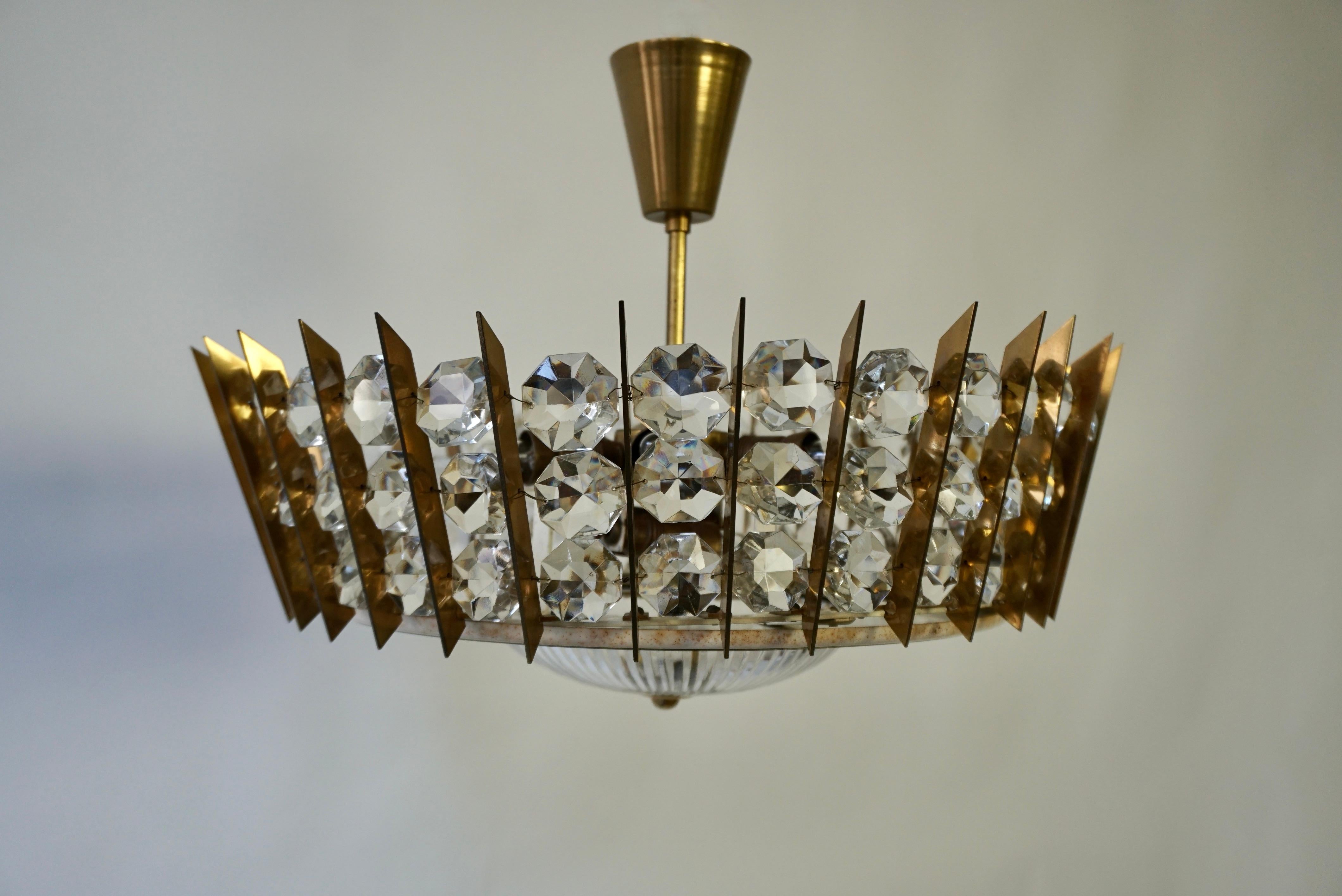  Brass and Crystal Flush Mount, Italy , 1950s In Good Condition For Sale In Antwerp, BE