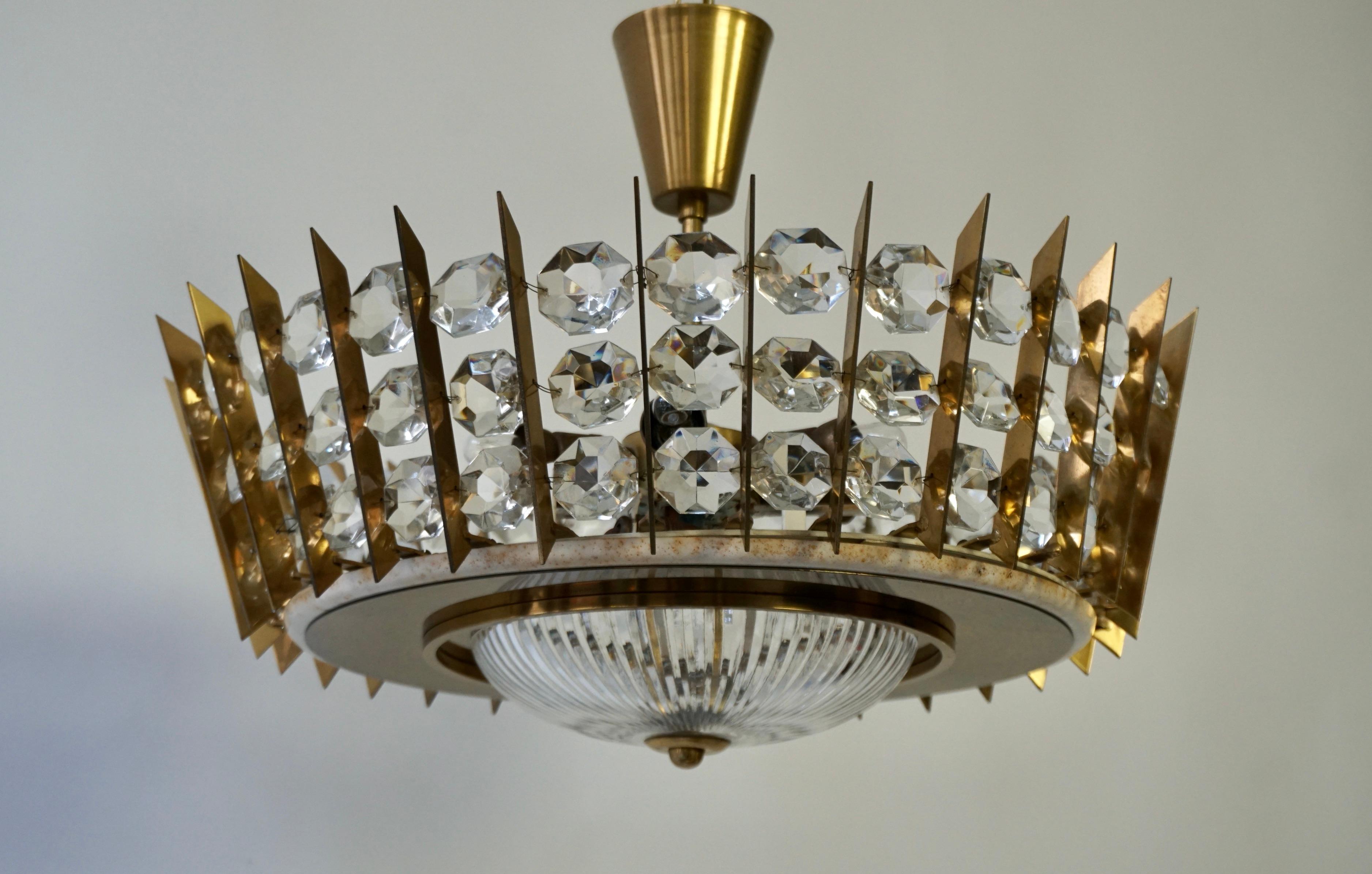 20th Century  Brass and Crystal Flush Mount, Italy , 1950s For Sale