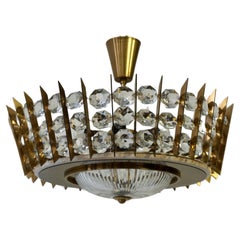 Retro  Brass and Crystal Flush Mount, Italy , 1950s
