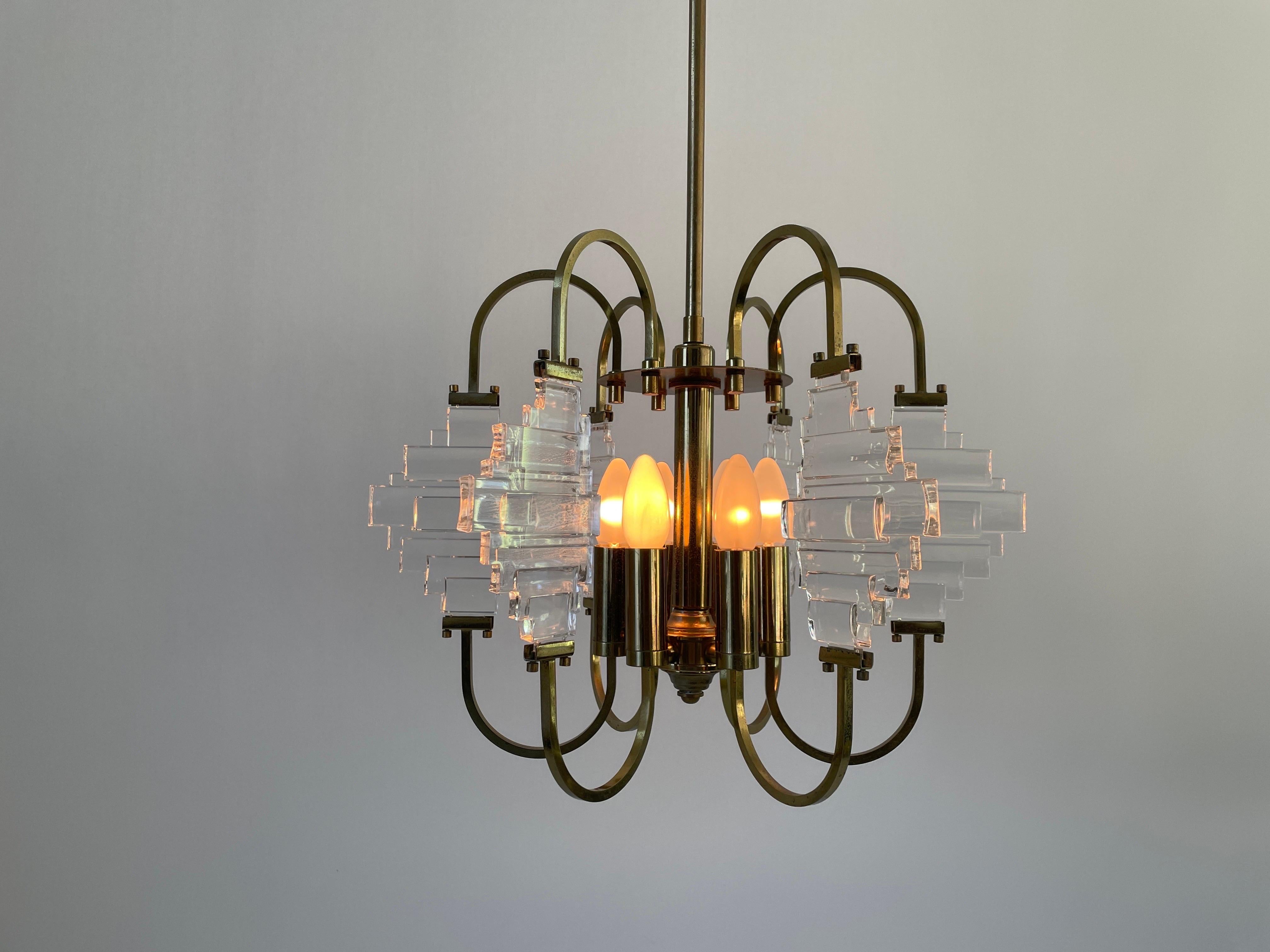 Brass and Crystal Glass Ceiling Lamp, 1960s, Italy im Angebot 8