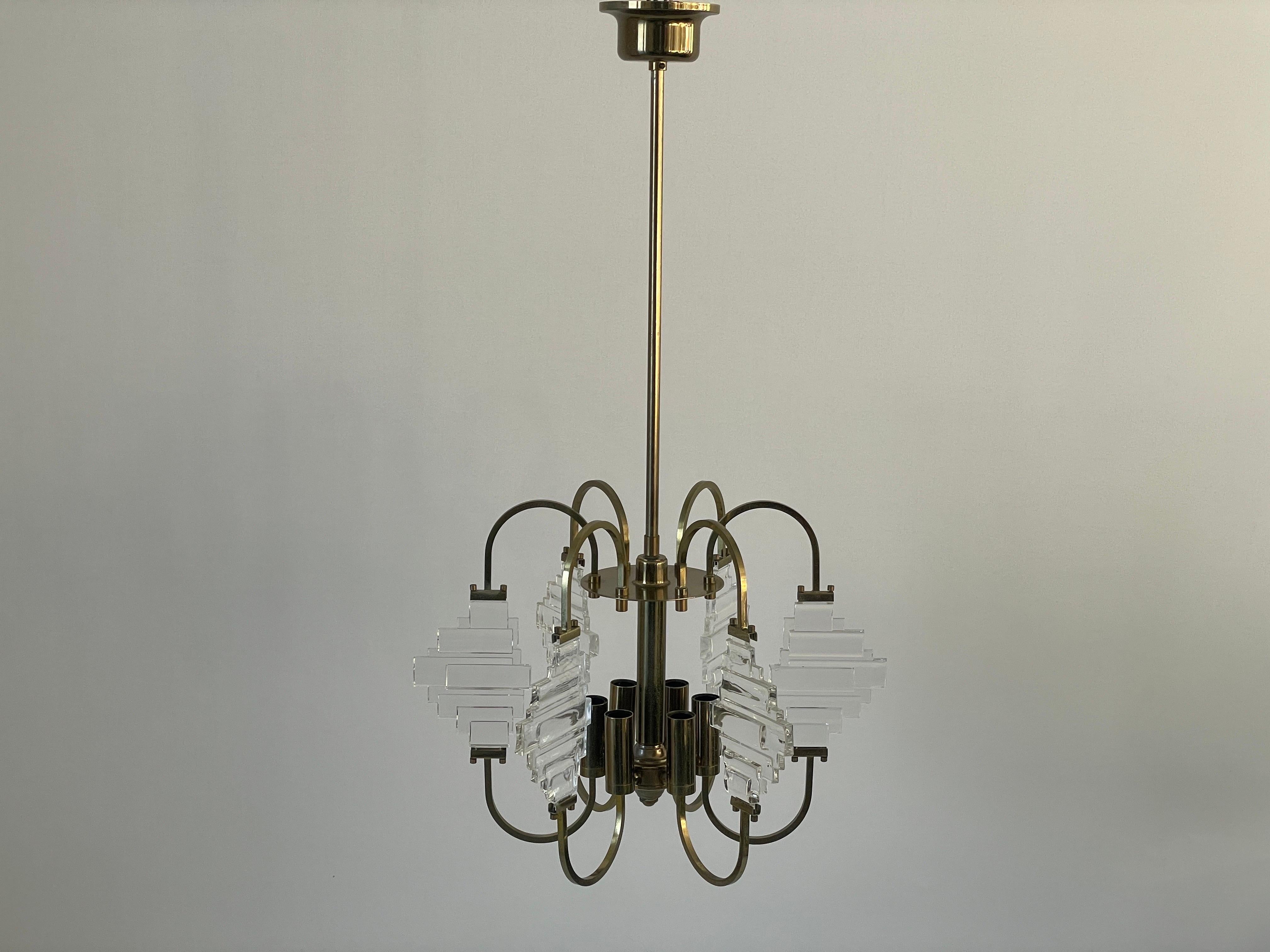 Brass and Crystal Glass Ceiling Lamp, 1960s, Italy

Lampshade is in very good vintage condition.

This lamp works with 6x E14 light bulbs. 
Wired and suitable to use with 220V and 110V for all countries.

Measurements:

Total Height: 88 cm
Height of
