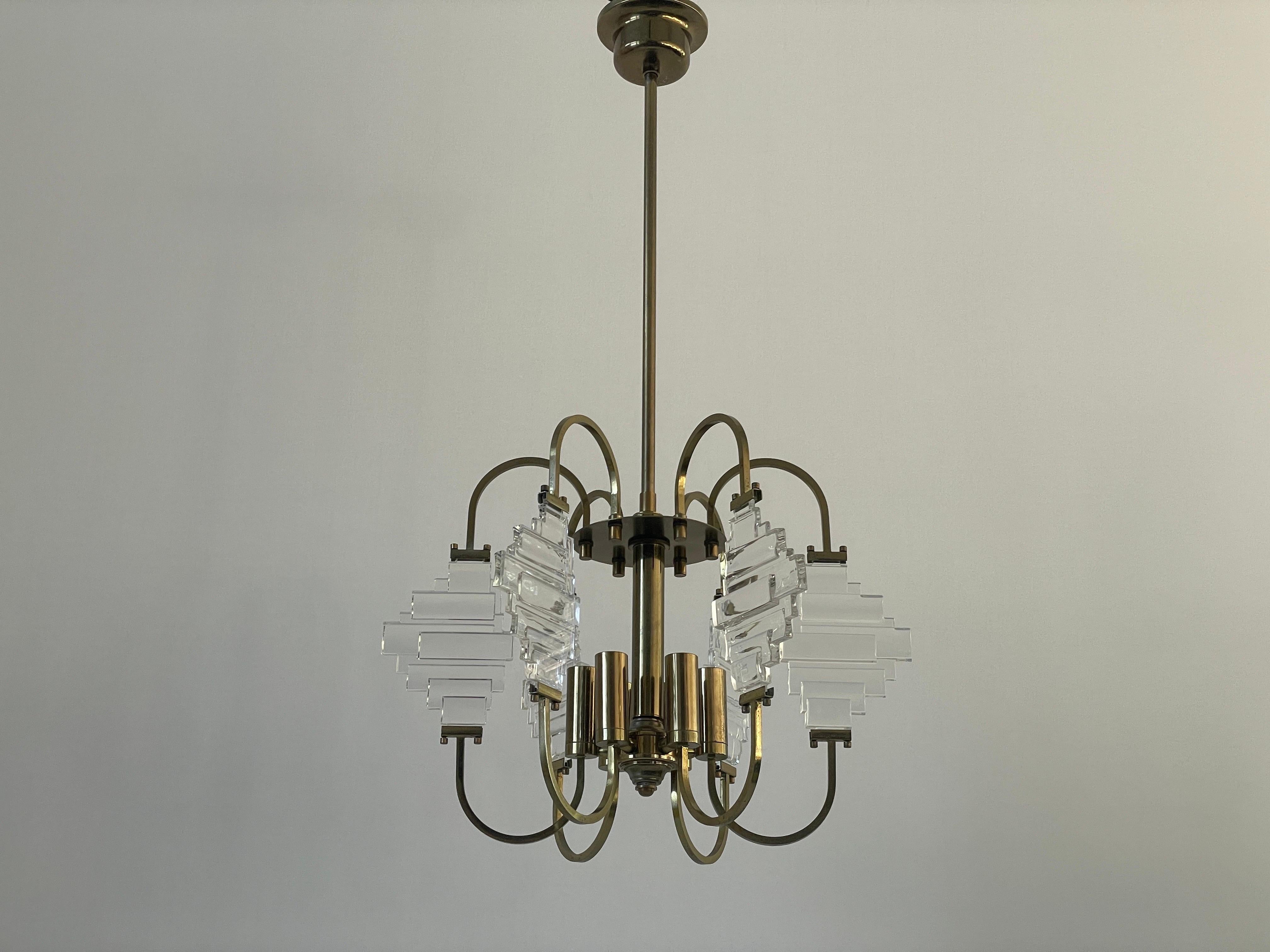 Brass and Crystal Glass Ceiling Lamp, 1960s, Italy (Moderne der Mitte des Jahrhunderts) im Angebot