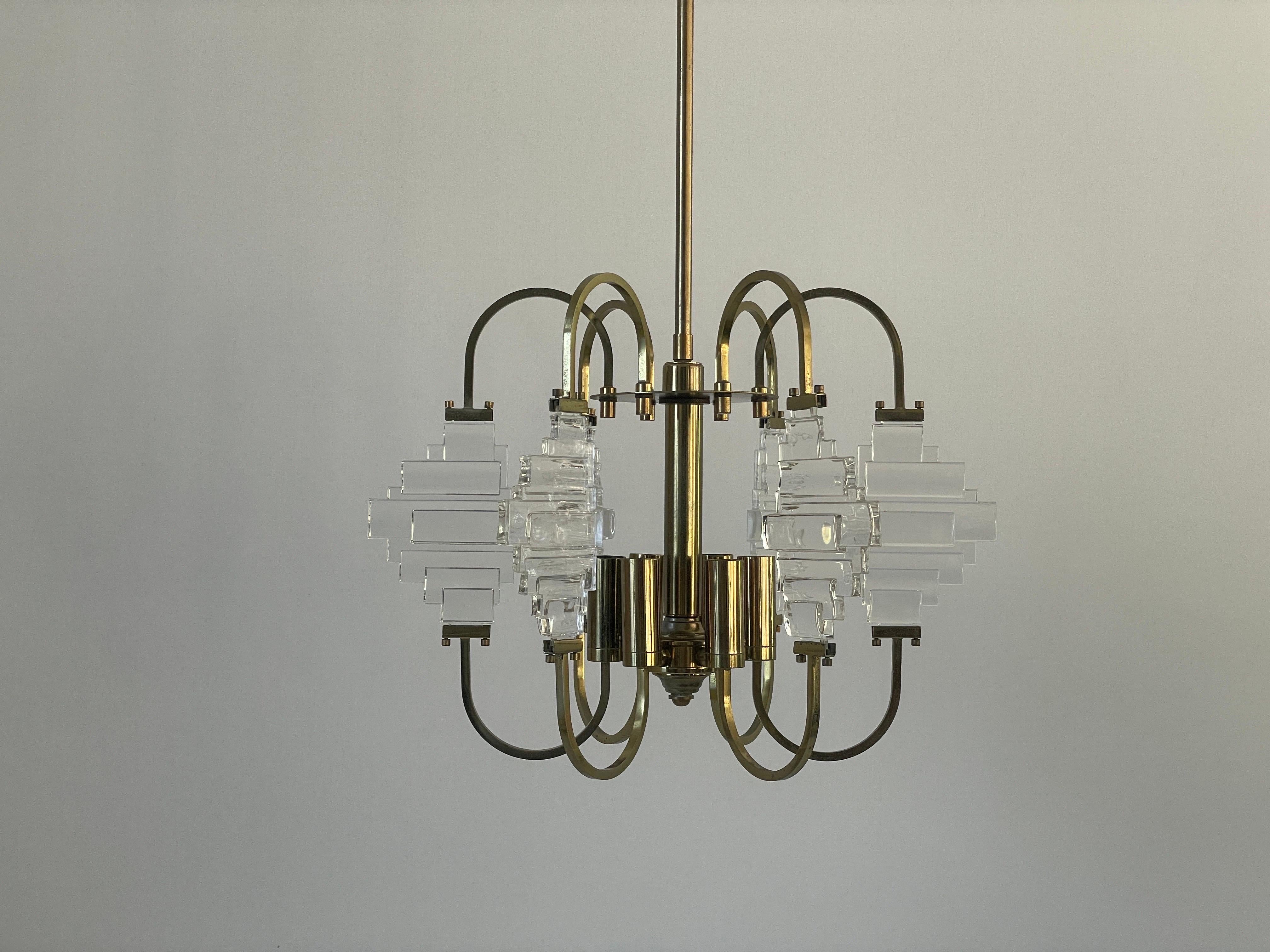 Brass and Crystal Glass Ceiling Lamp, 1960s, Italy (Italienisch) im Angebot
