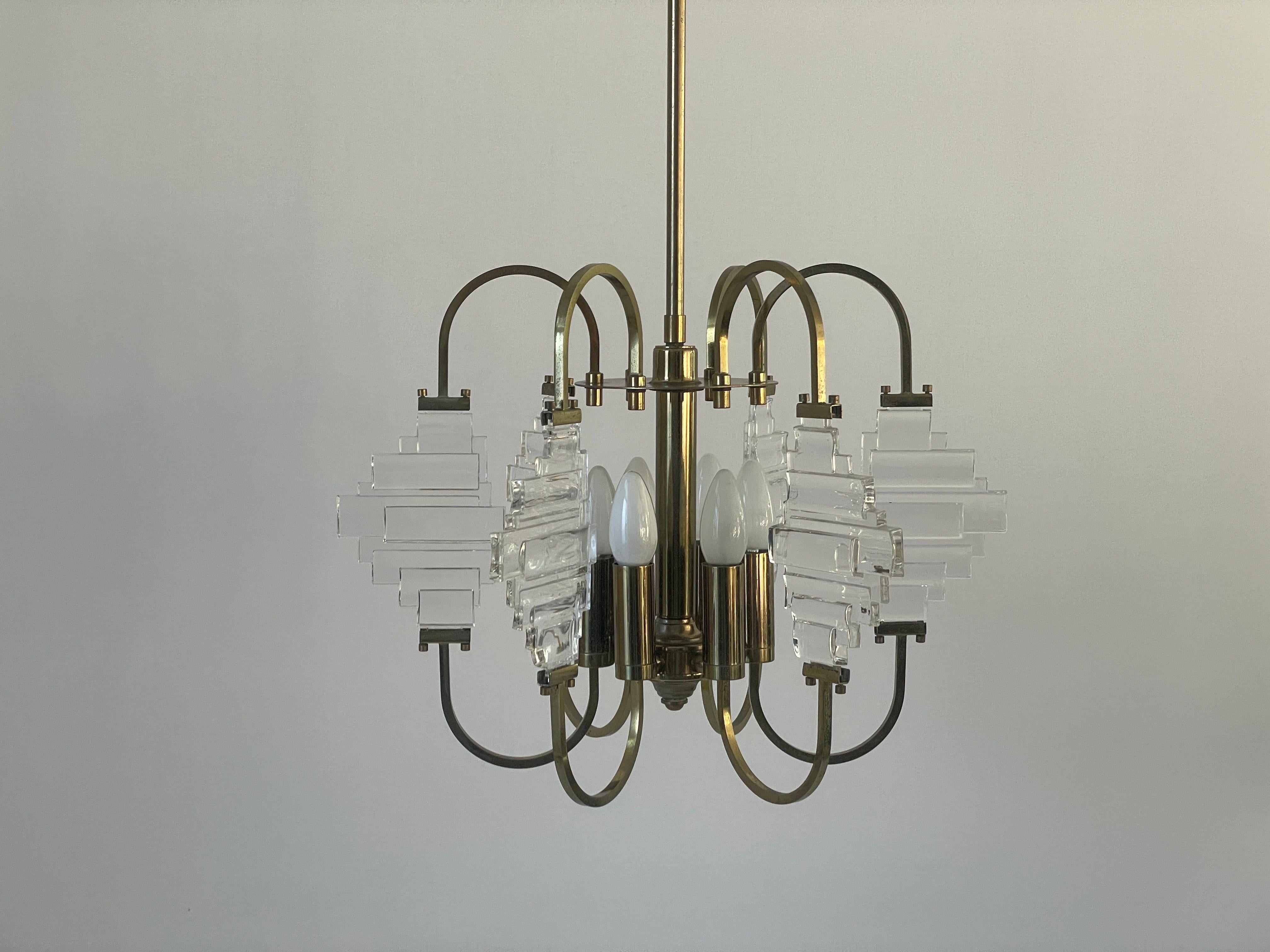 Brass and Crystal Glass Ceiling Lamp, 1960s, Italy (Mitte des 20. Jahrhunderts) im Angebot