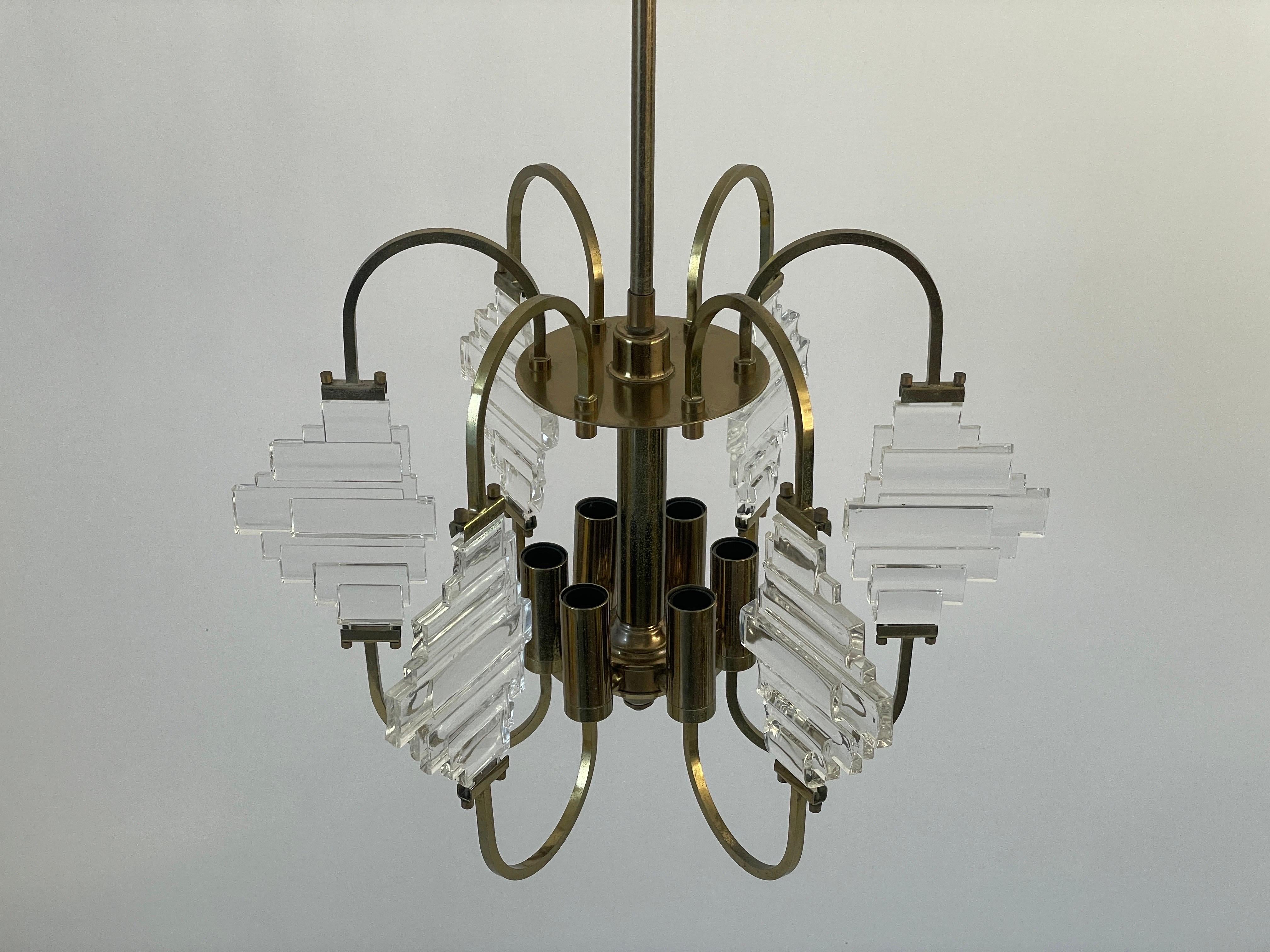 Brass and Crystal Glass Ceiling Lamp, 1960s, Italy im Angebot 2