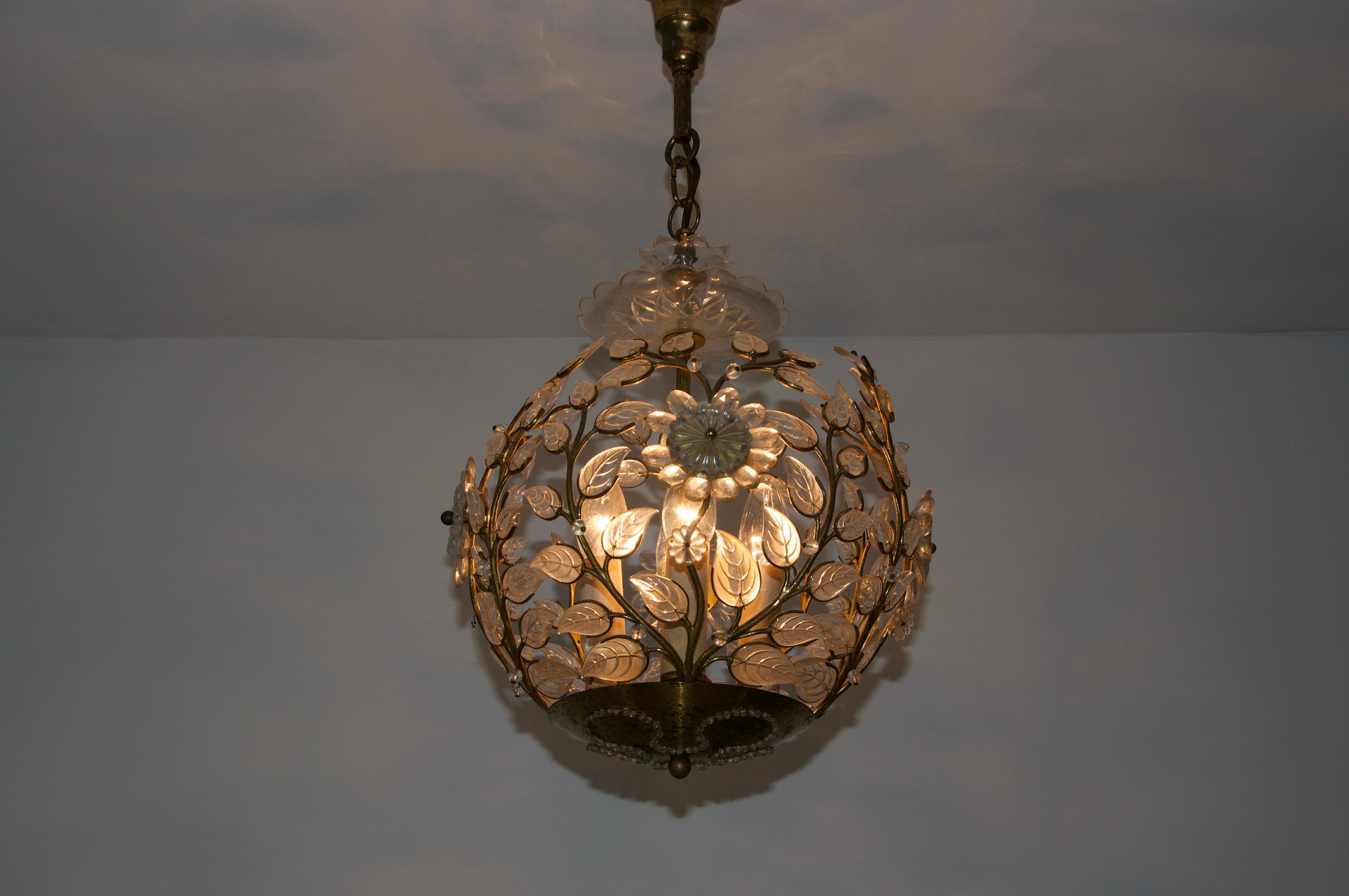 Hollywood Regency Brass and Crystal Glass Chandelier by Ernst Palme for Palwa, 1960s For Sale