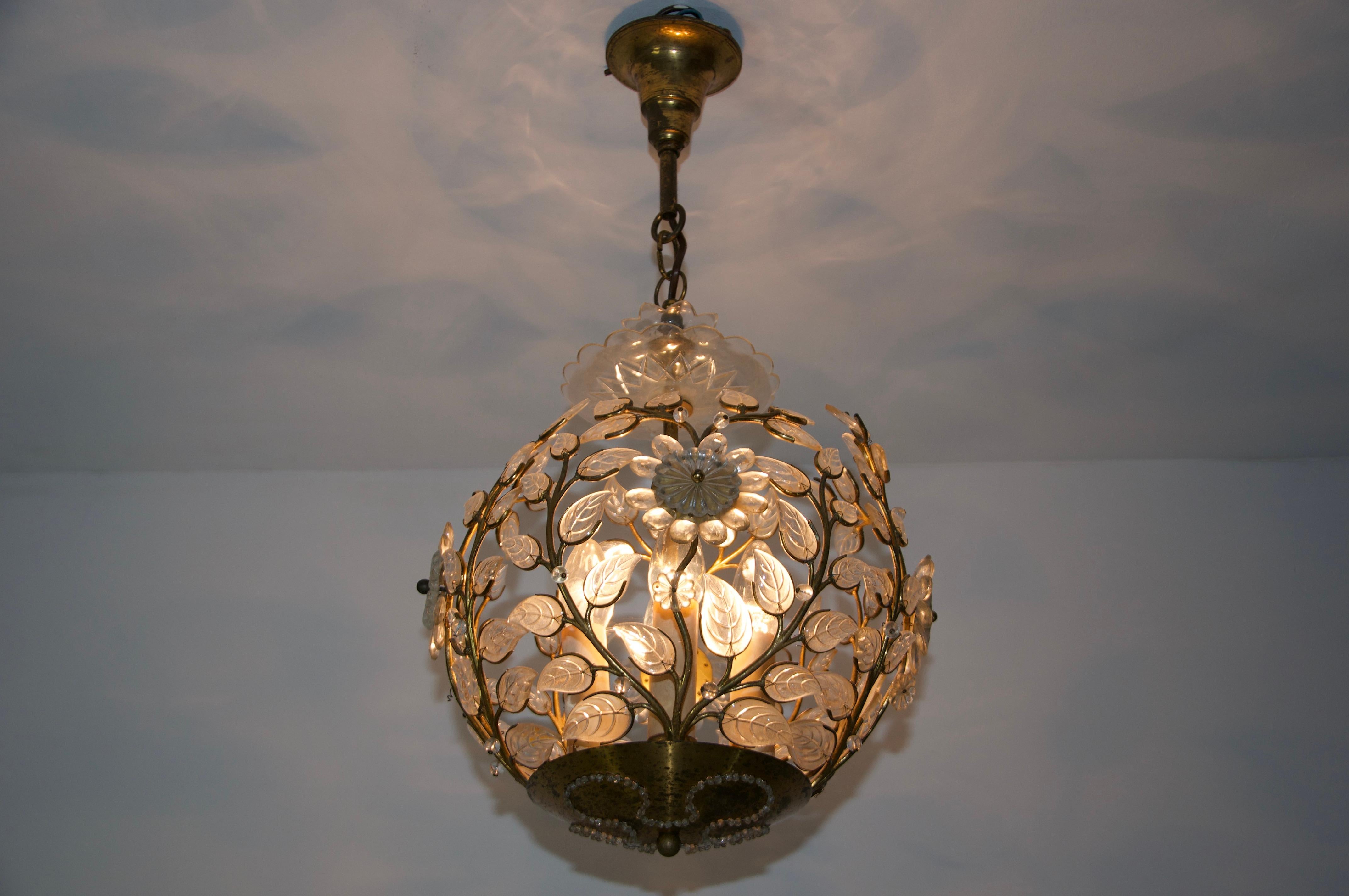 German Brass and Crystal Glass Chandelier by Ernst Palme for Palwa, 1960s For Sale