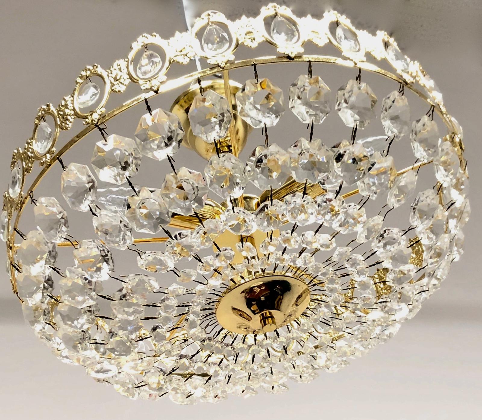 Very rare and beautiful brass and crystal chandelier flush mount attributed to Kolarz Leuchten, Austria, 1970s. The flush mount requires three European E14 candelabra bulbs, each up to 60 watts.
