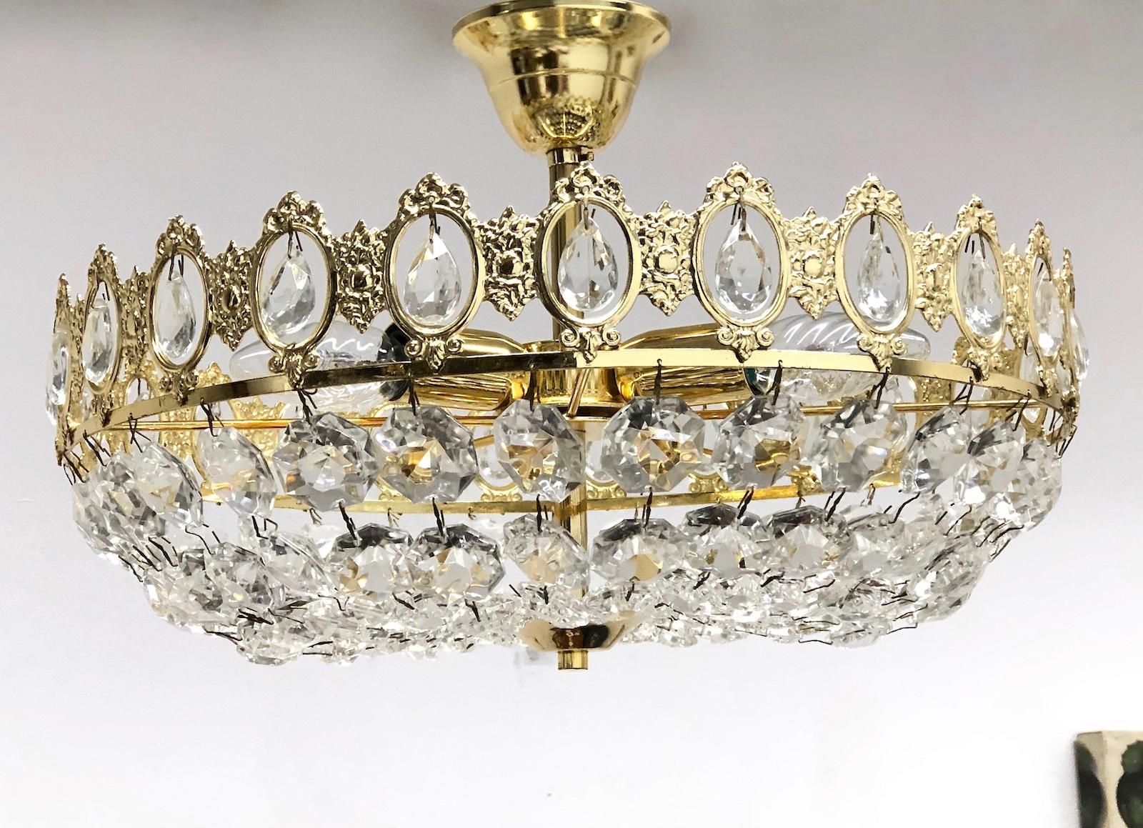 Hollywood Regency Brass and Crystal Glass Flush Mount Chandelier, Austria, 1970s For Sale