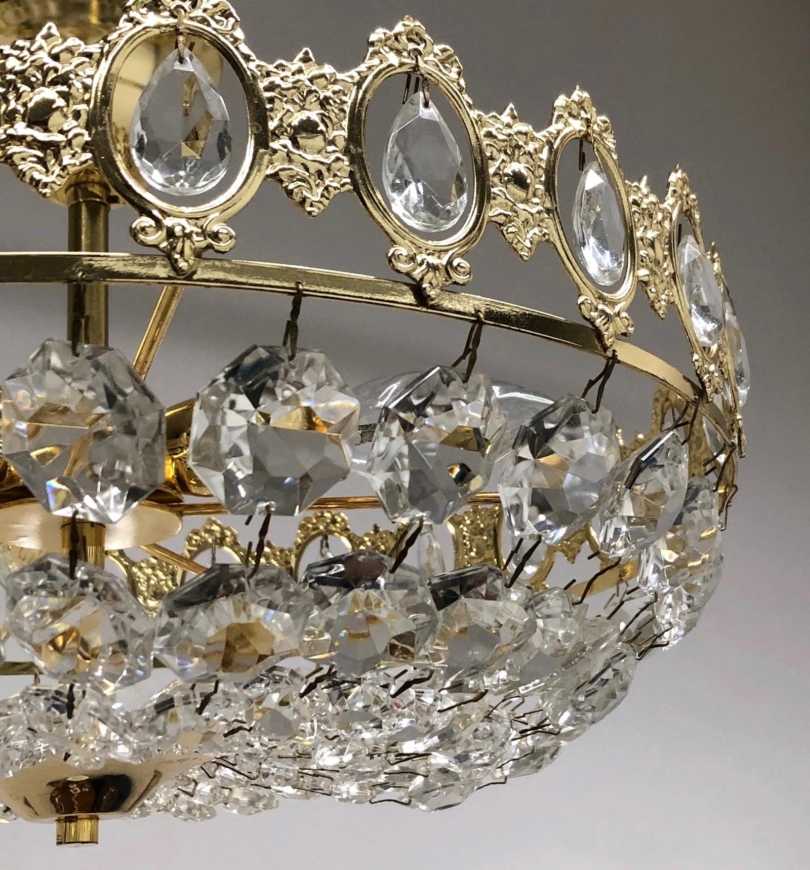 Late 20th Century Brass and Crystal Glass Flush Mount Chandelier, Austria, 1970s For Sale