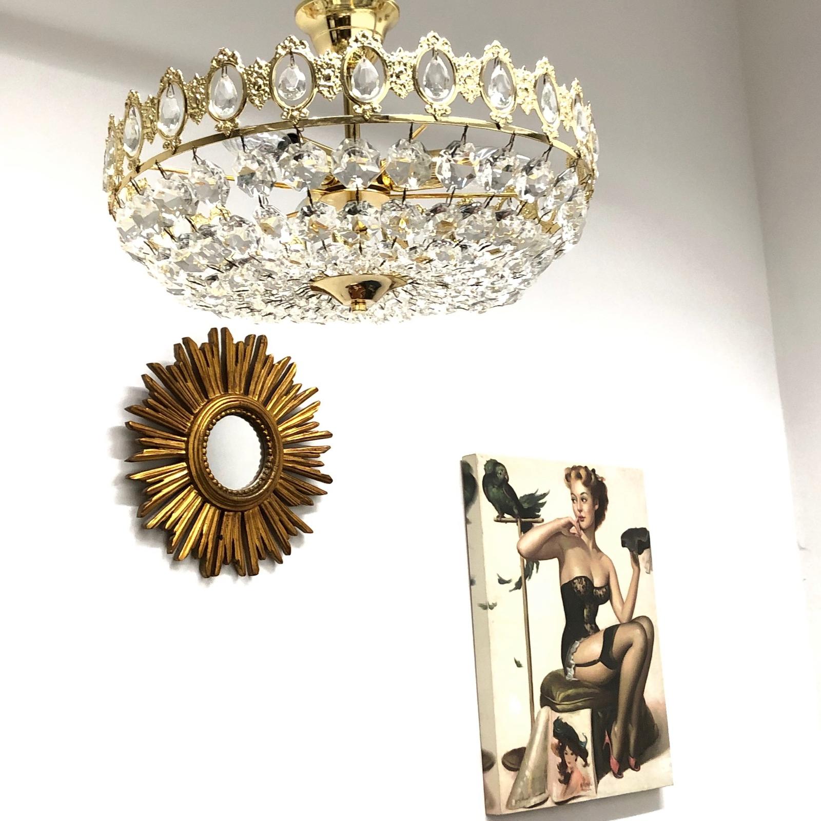 Metal Brass and Crystal Glass Flush Mount Chandelier, Austria, 1970s For Sale