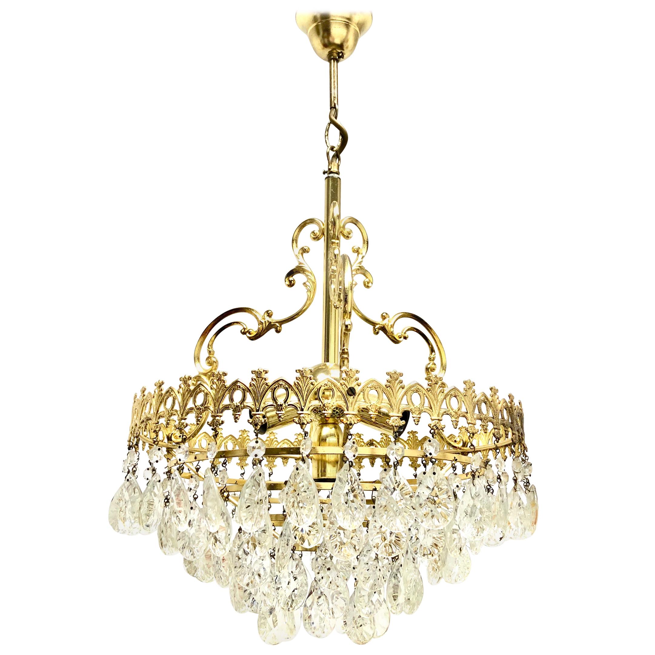 Brass and Crystal Glass Hollywood Regency Style Chandelier, Germany, 1960s