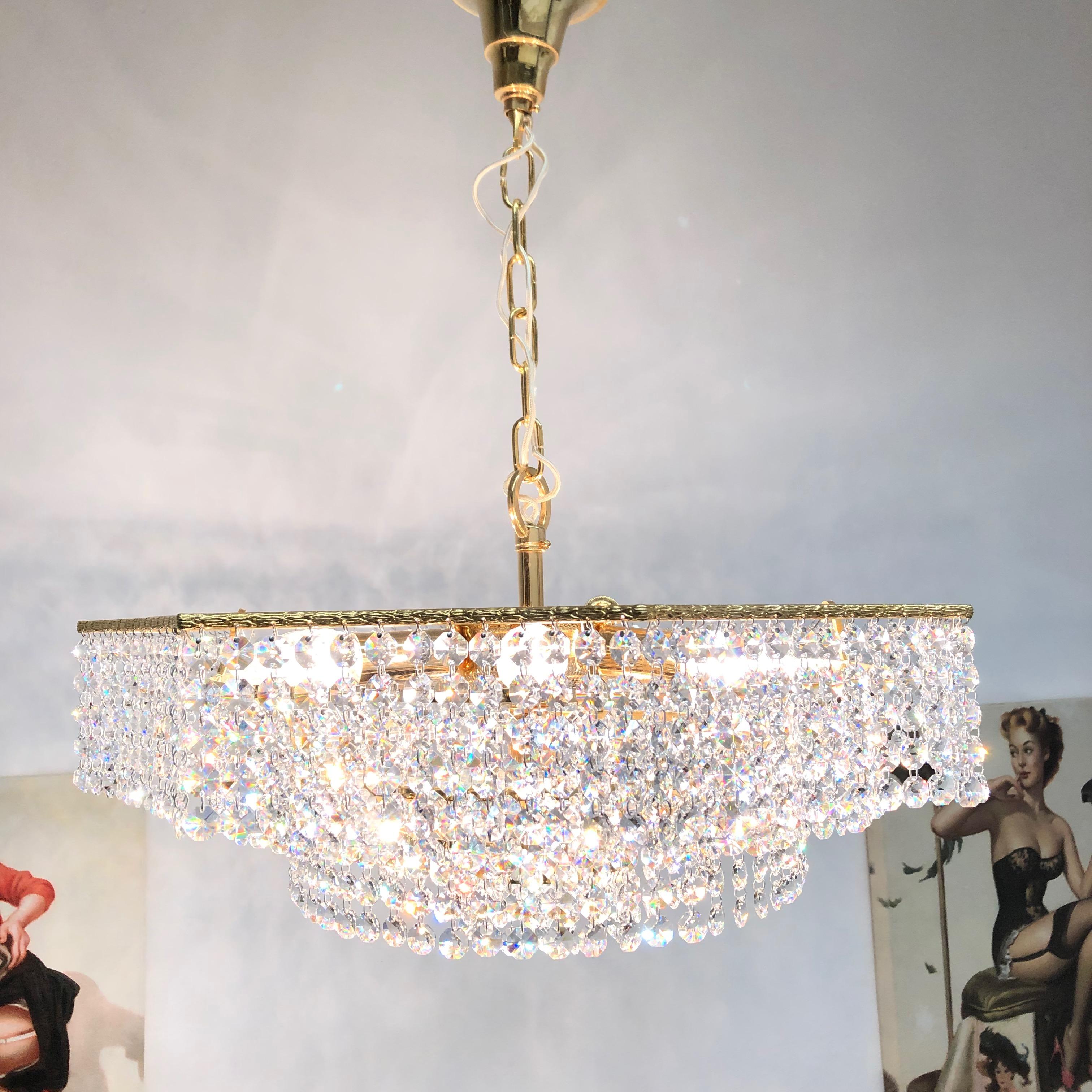 Brass and Crystal Glass Waterfall Chandelier, Richard Essig, Germany, 1960s For Sale 9