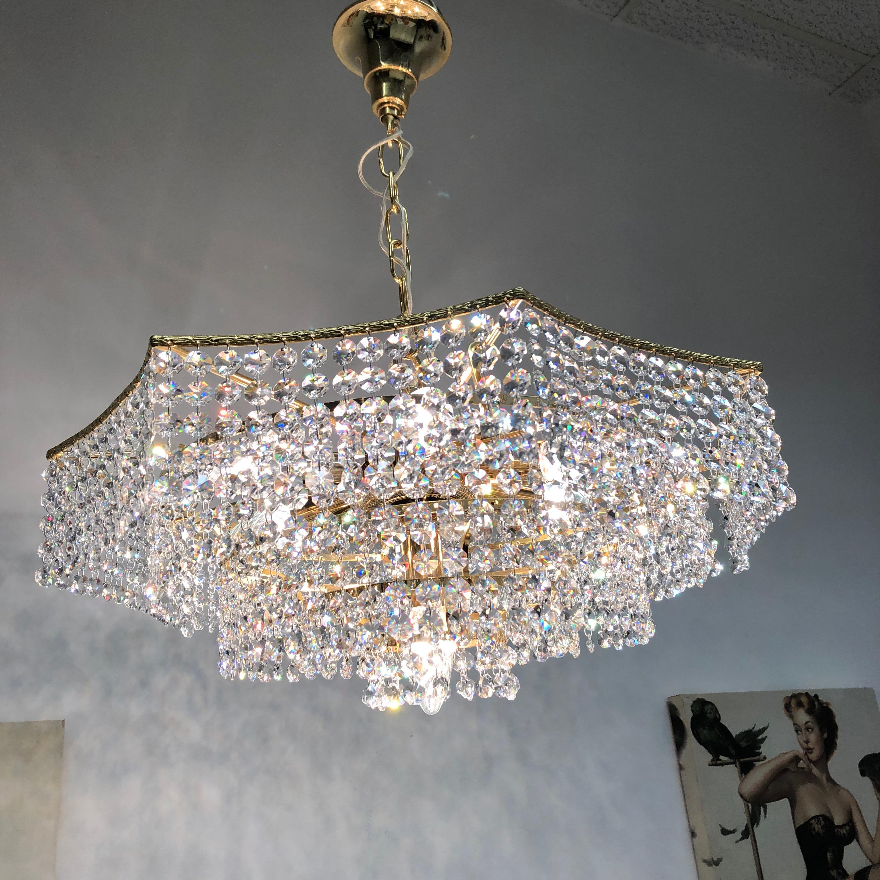 Brass and Crystal Glass Waterfall Chandelier, Richard Essig, Germany, 1960s For Sale 10