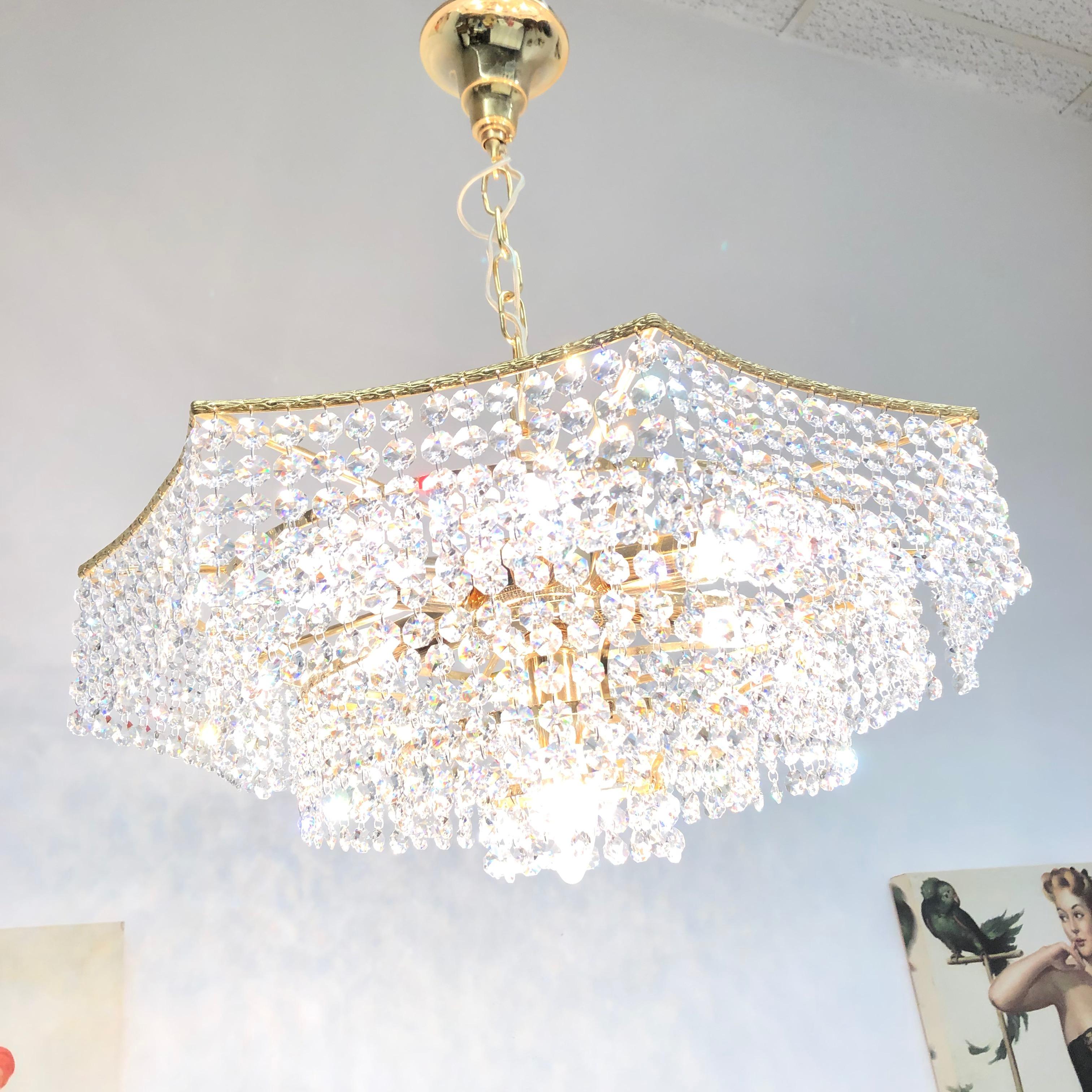 Brass and Crystal Glass Waterfall Chandelier, Richard Essig, Germany, 1960s For Sale 11