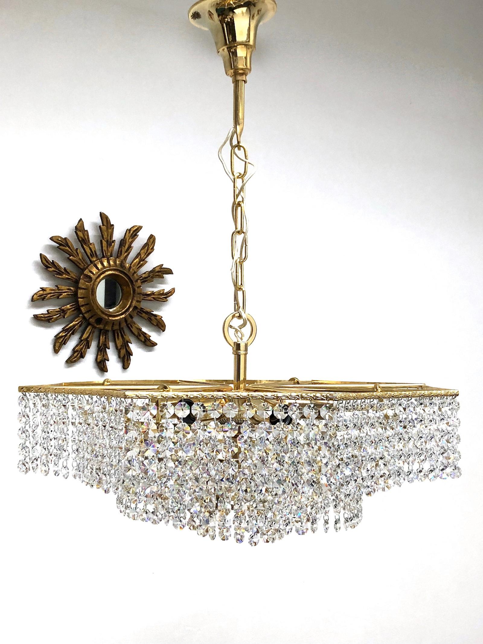 Hollywood Regency Brass and Crystal Glass Waterfall Chandelier, Richard Essig, Germany, 1960s For Sale