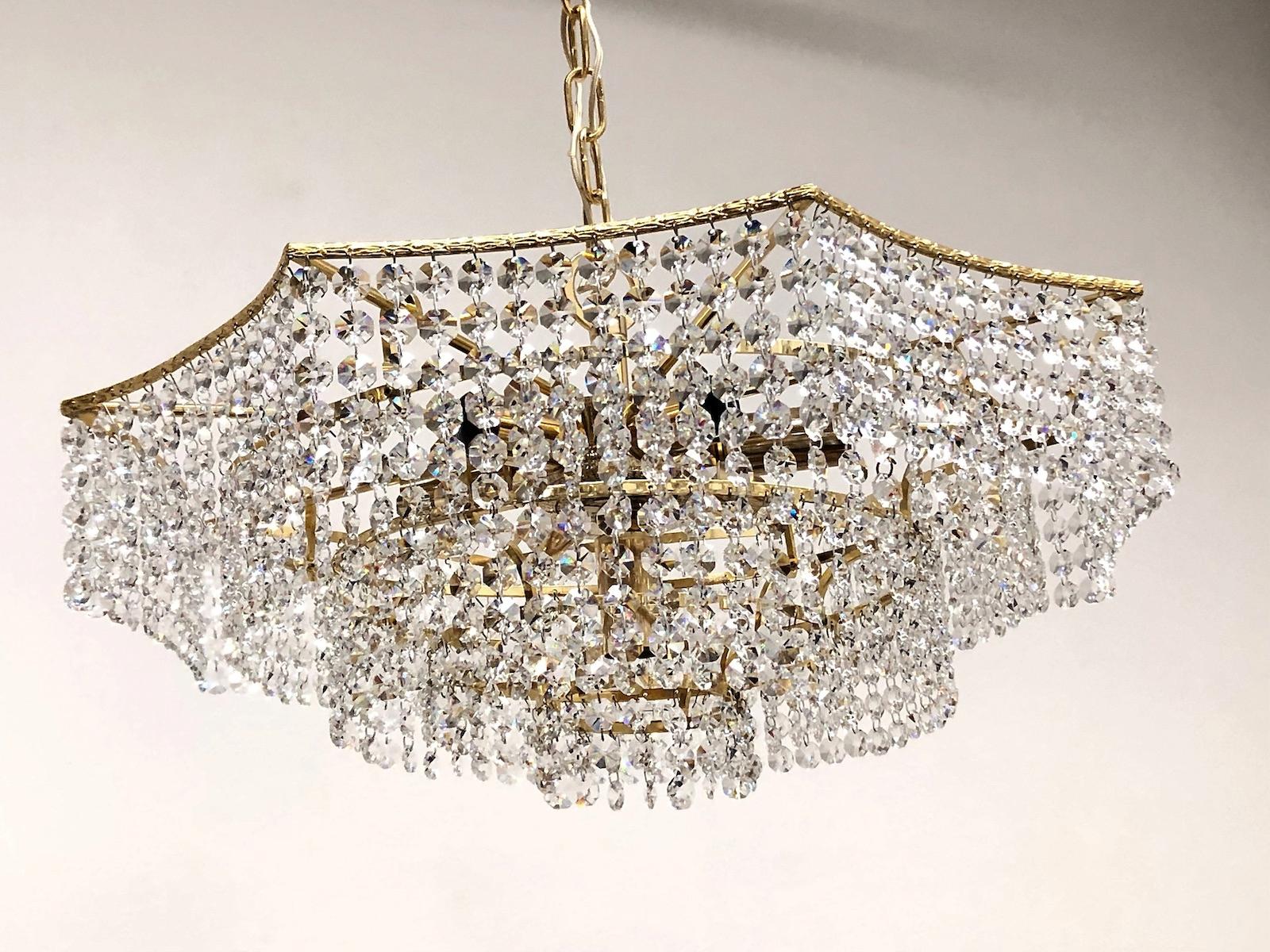 Gold Plate Brass and Crystal Glass Waterfall Chandelier, Richard Essig, Germany, 1960s For Sale