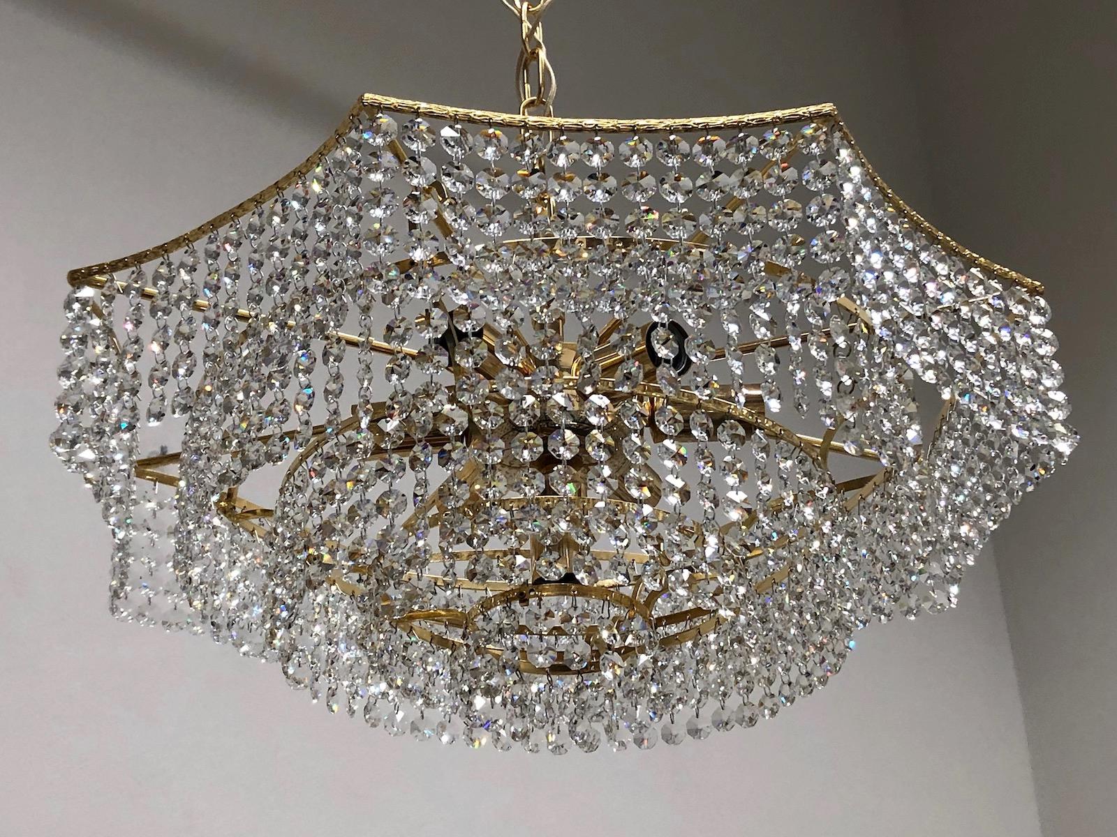 Brass and Crystal Glass Waterfall Chandelier, Richard Essig, Germany, 1960s For Sale 2