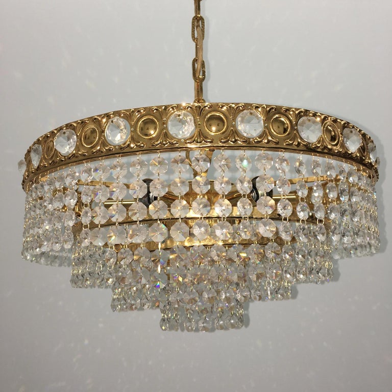 Brass and Crystal Glass Waterfall Chandelier, Soelken Leuchten, Germany,  1960s For Sale at 1stDibs