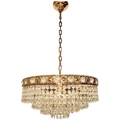 Antique Brass and Crystal Glass Waterfall Chandelier, Soelken Leuchten, Germany, 1960s