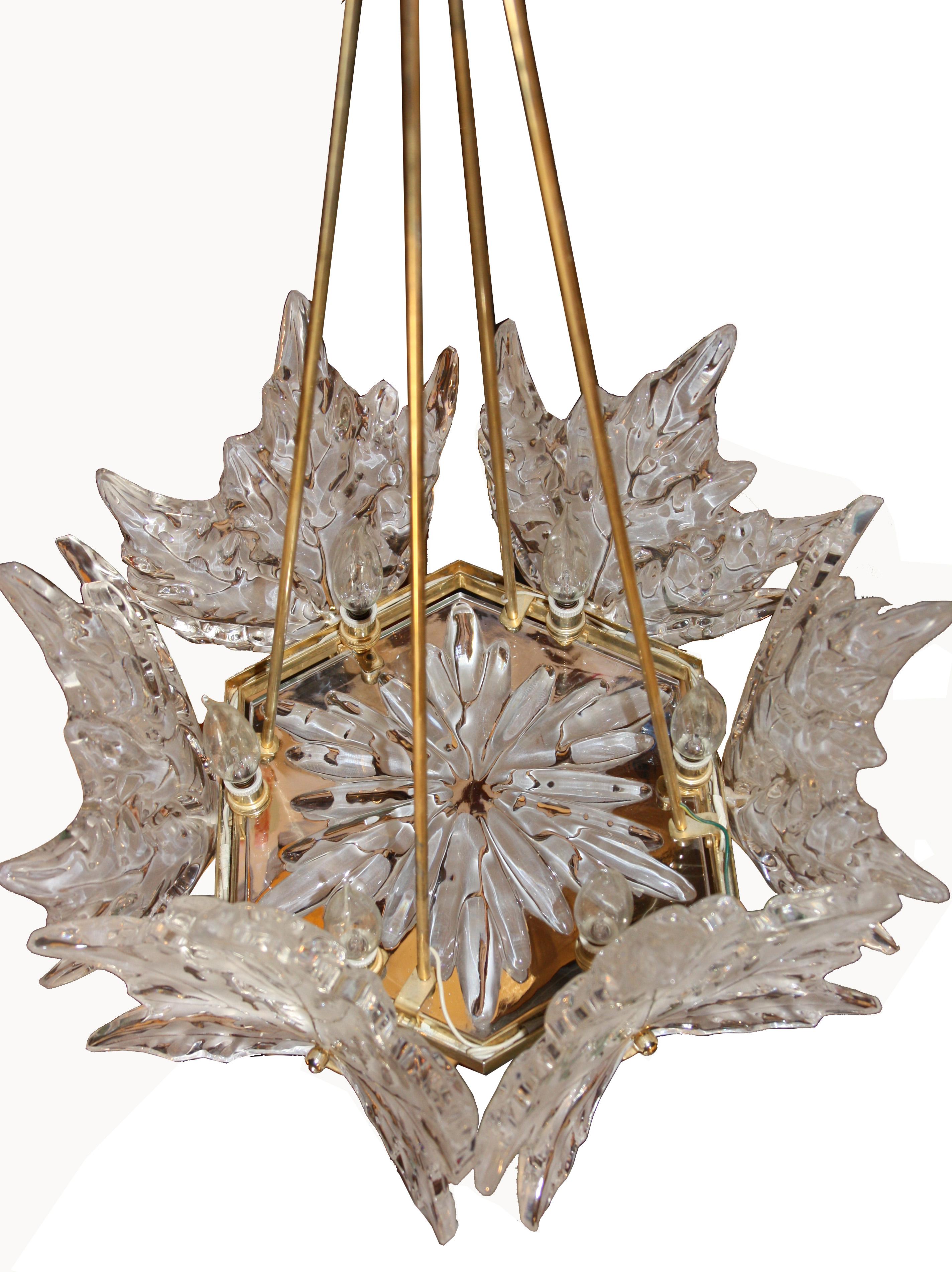 Stunning Lalique crystal 'Champs Elysees' chandelier. 

Features six individual crystal leaves with maker's mark on each piece. 
Individual leaf dimensions: 11