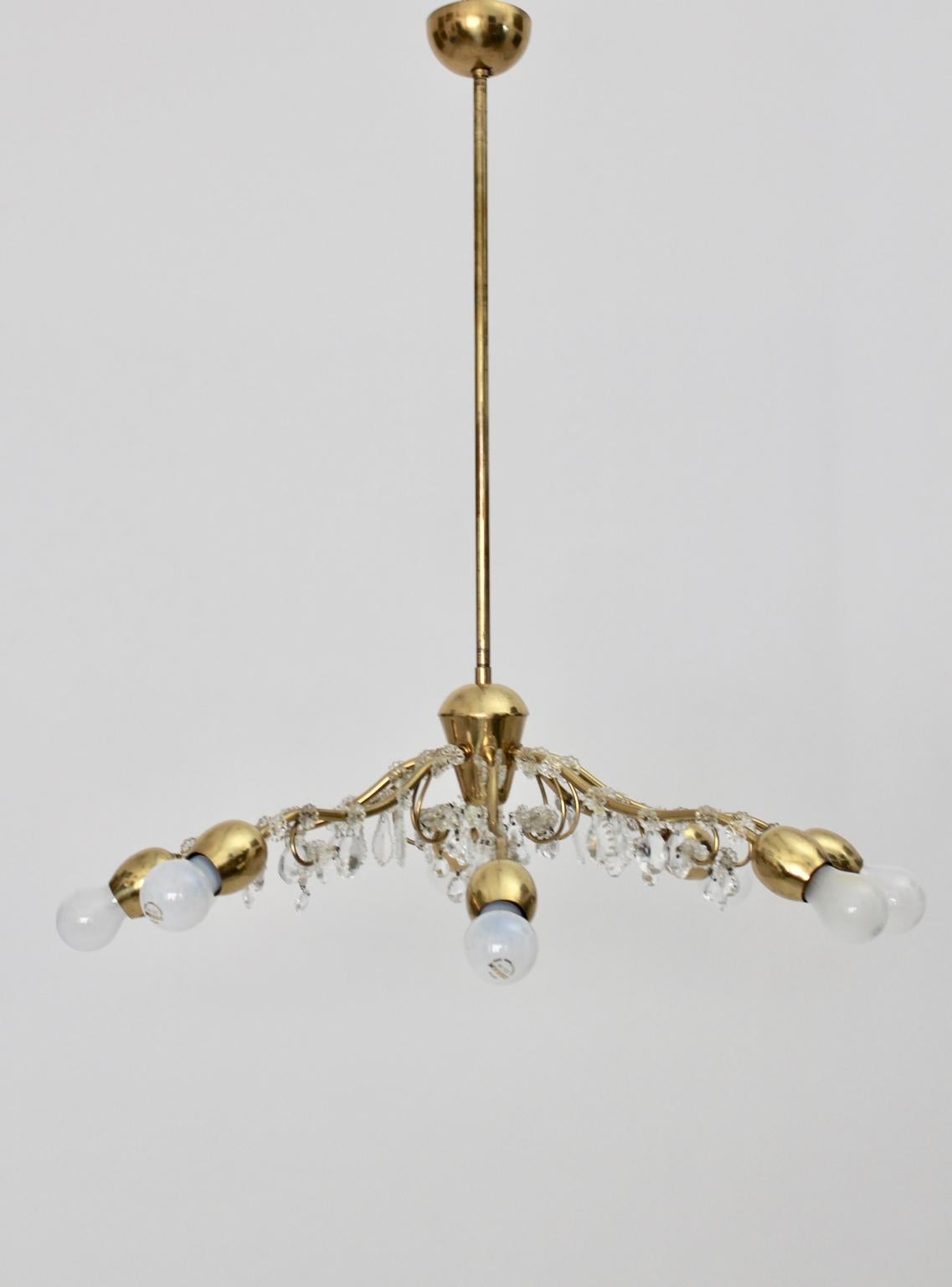 Mid-20th Century Brass and Crystal Mid-Century Modern J & L Lobmeyr Chandelier Vienna, 1950s For Sale