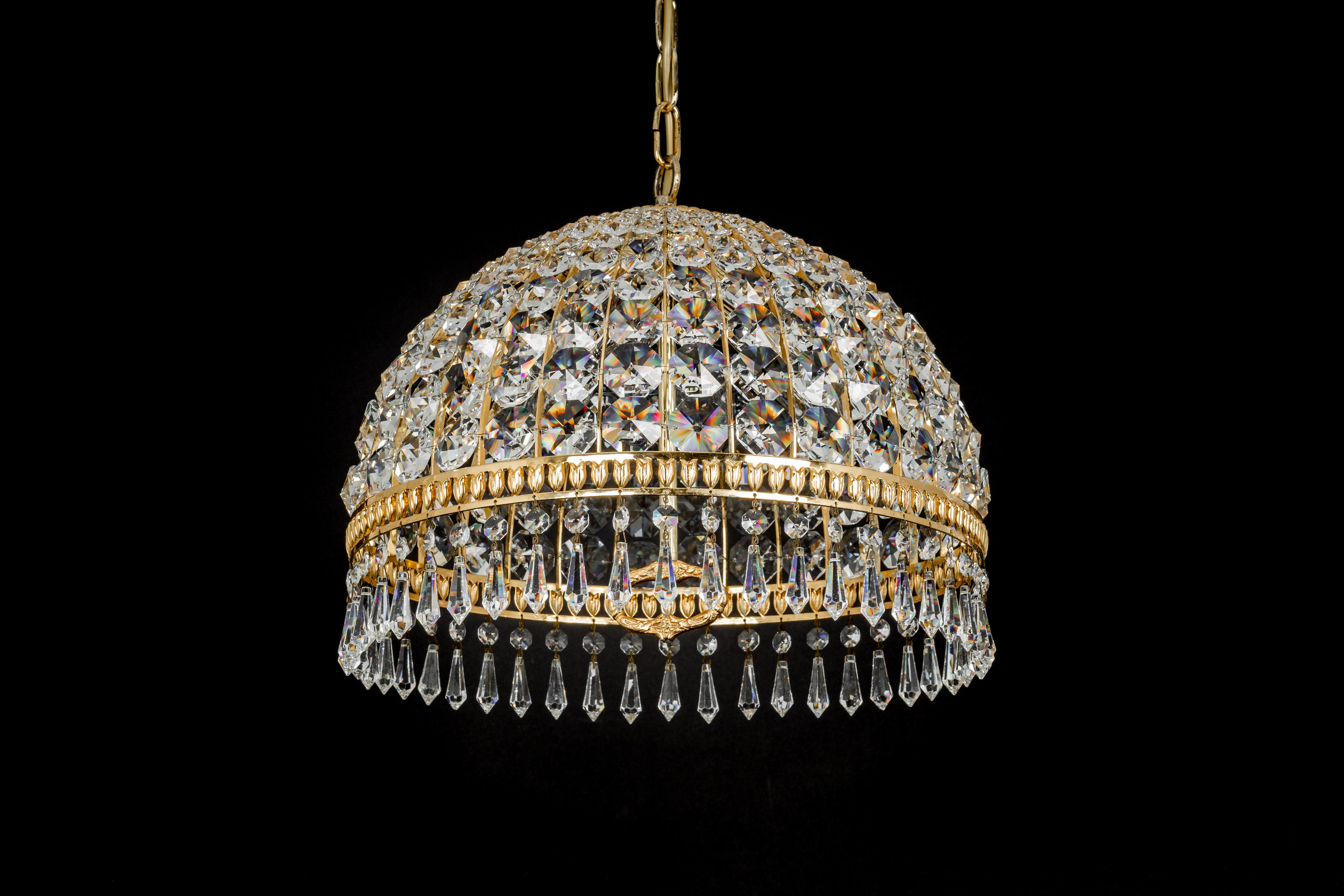 Brass and Crystal Pendant Light, Designed by Palwa, Germany, 1970s For Sale 7