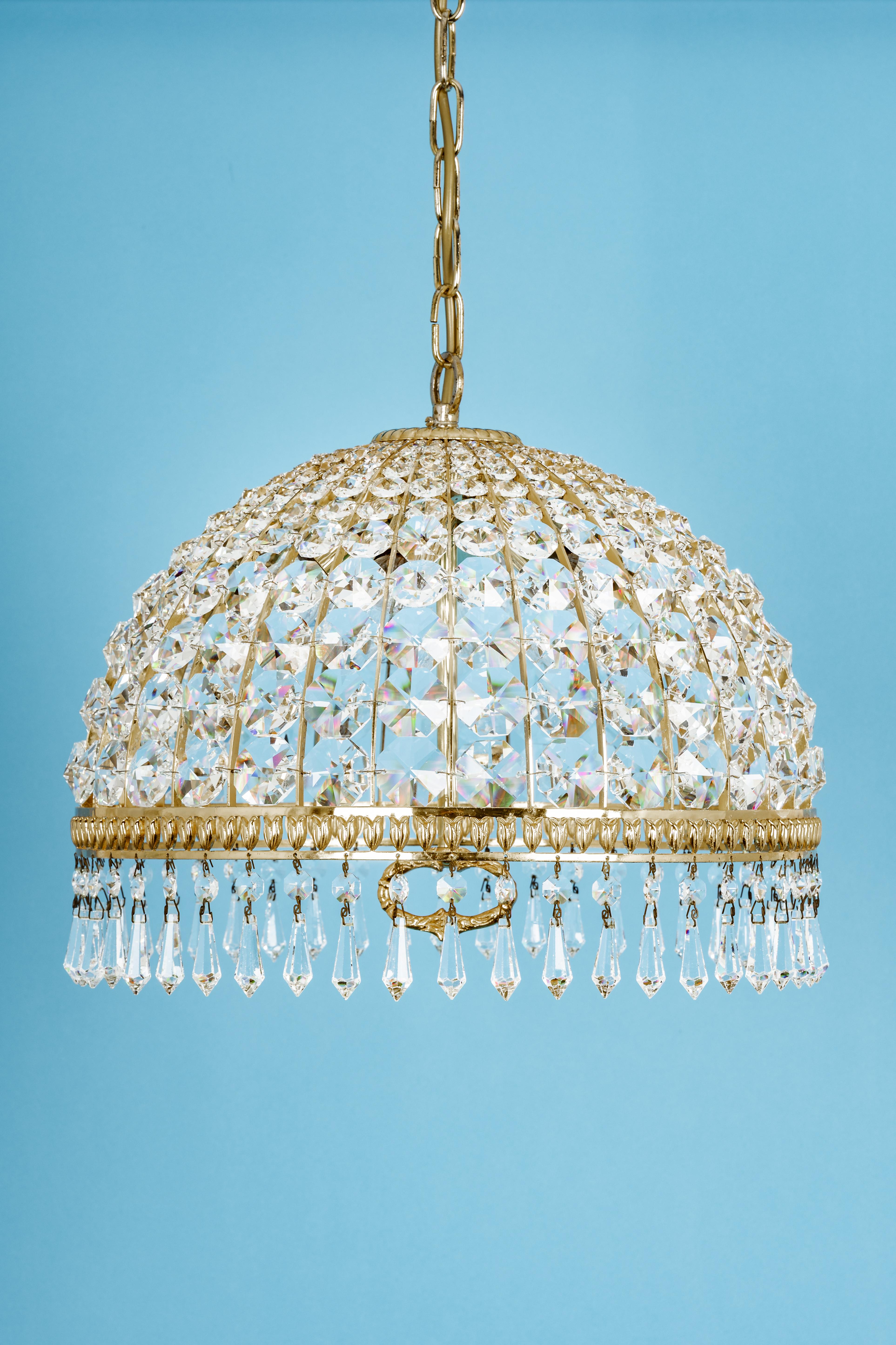 Brass and Crystal Pendant Light, Designed by Palwa, Germany, 1970s For Sale 8