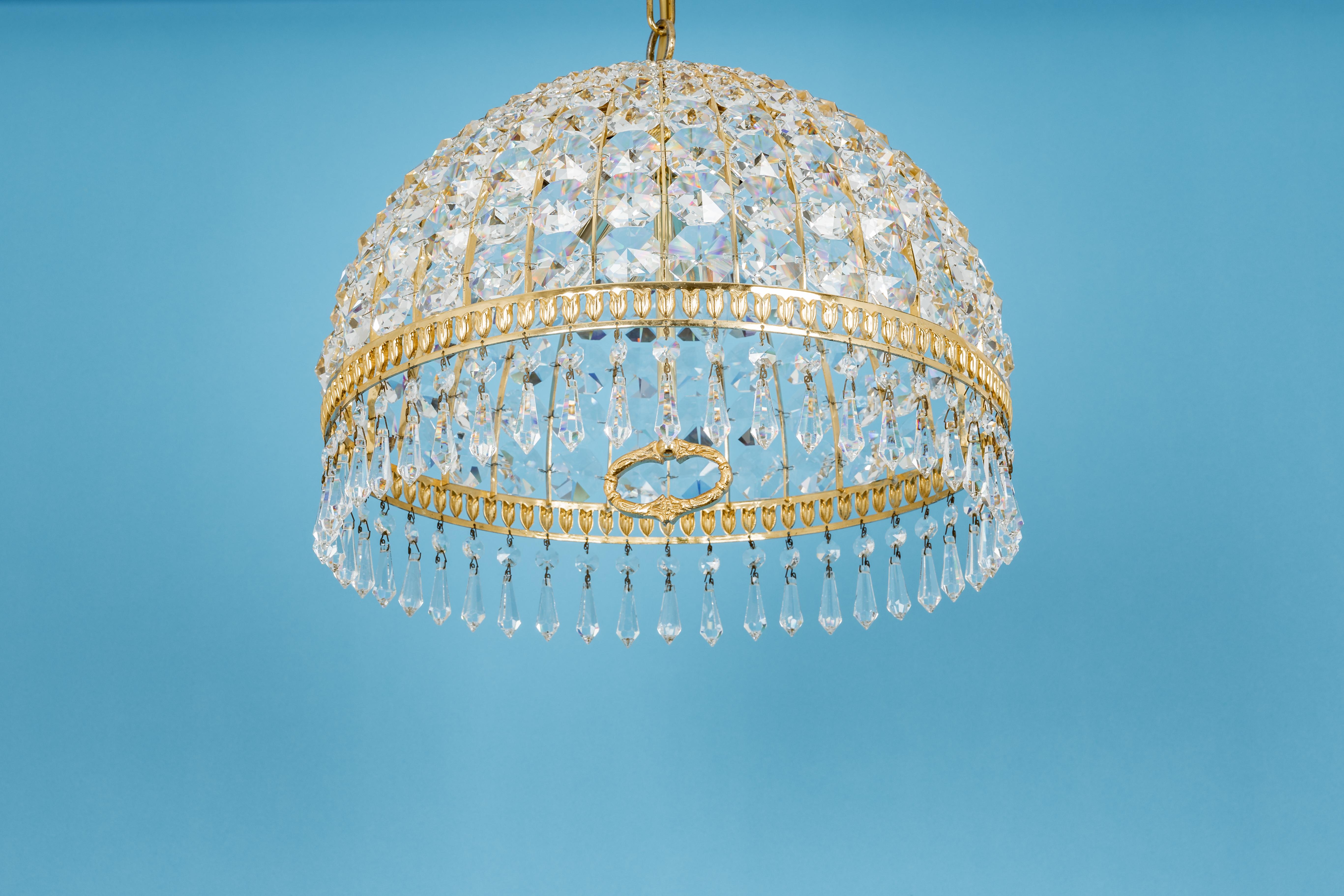 Brass and Crystal Pendant Light, Designed by Palwa, Germany, 1970s For Sale 9