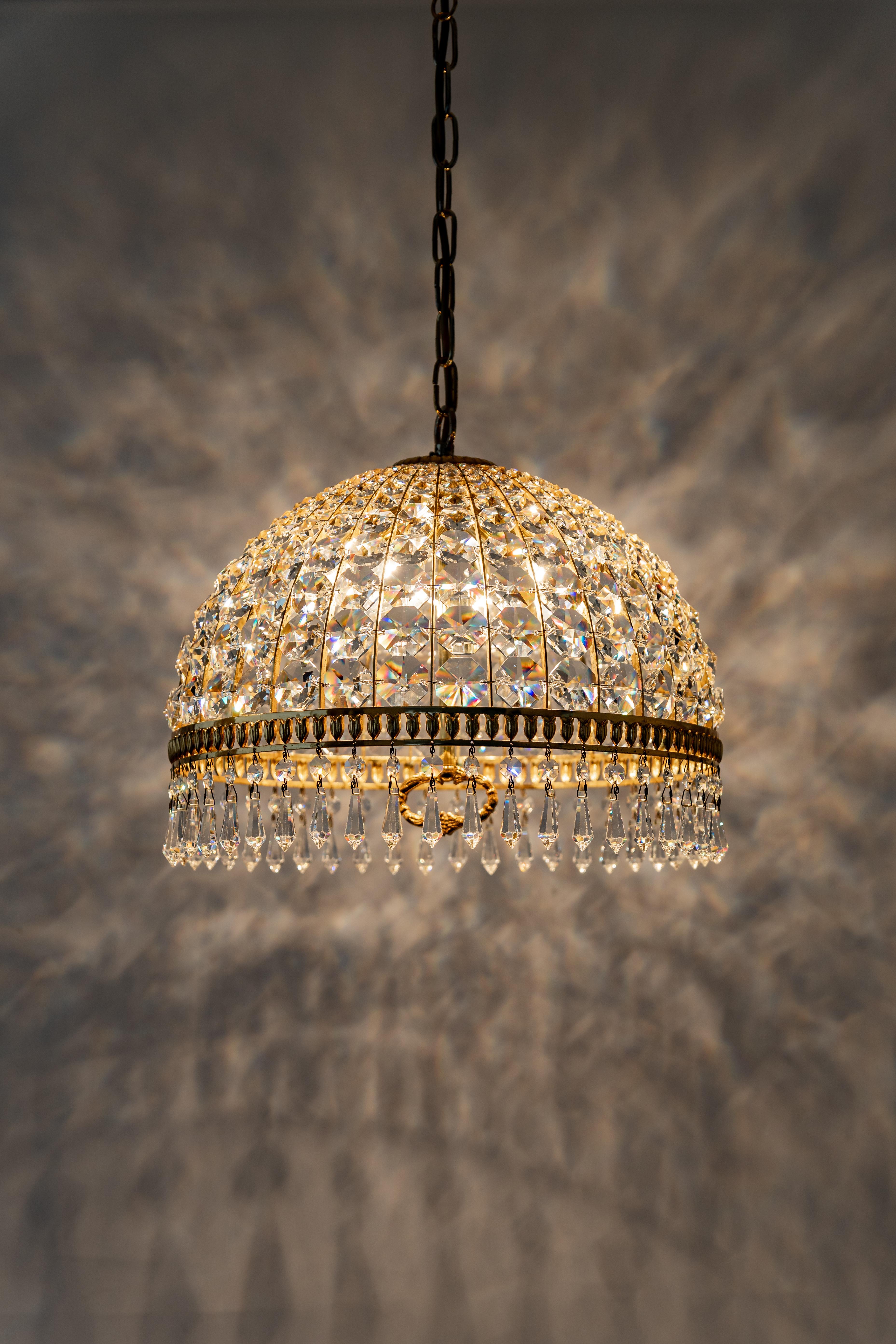 Brass and Crystal Pendant Light, Designed by Palwa, Germany, 1970s For Sale 2
