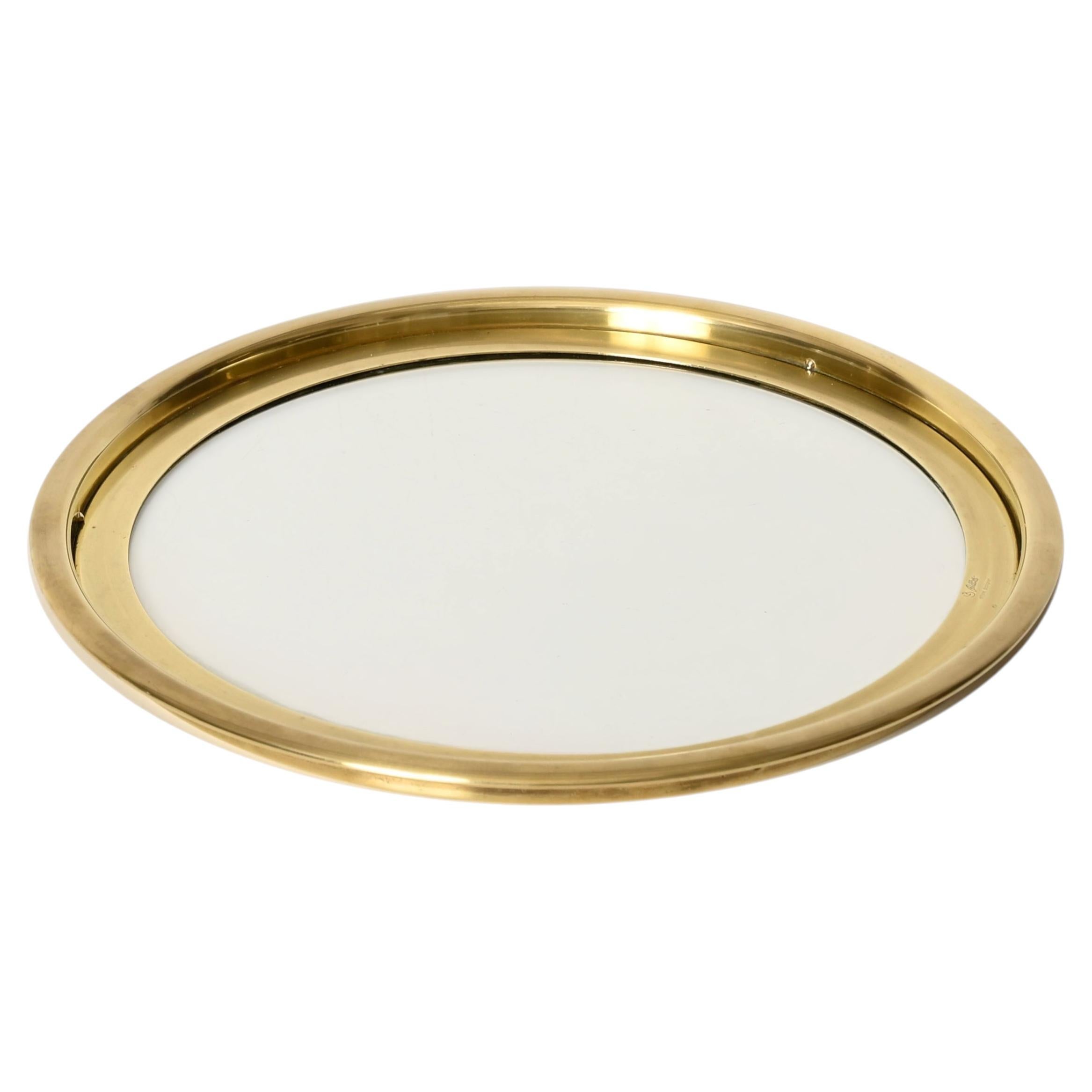 Brass and Crystal Round Serving Tray Signed by Bellotto, Italy, 1970s