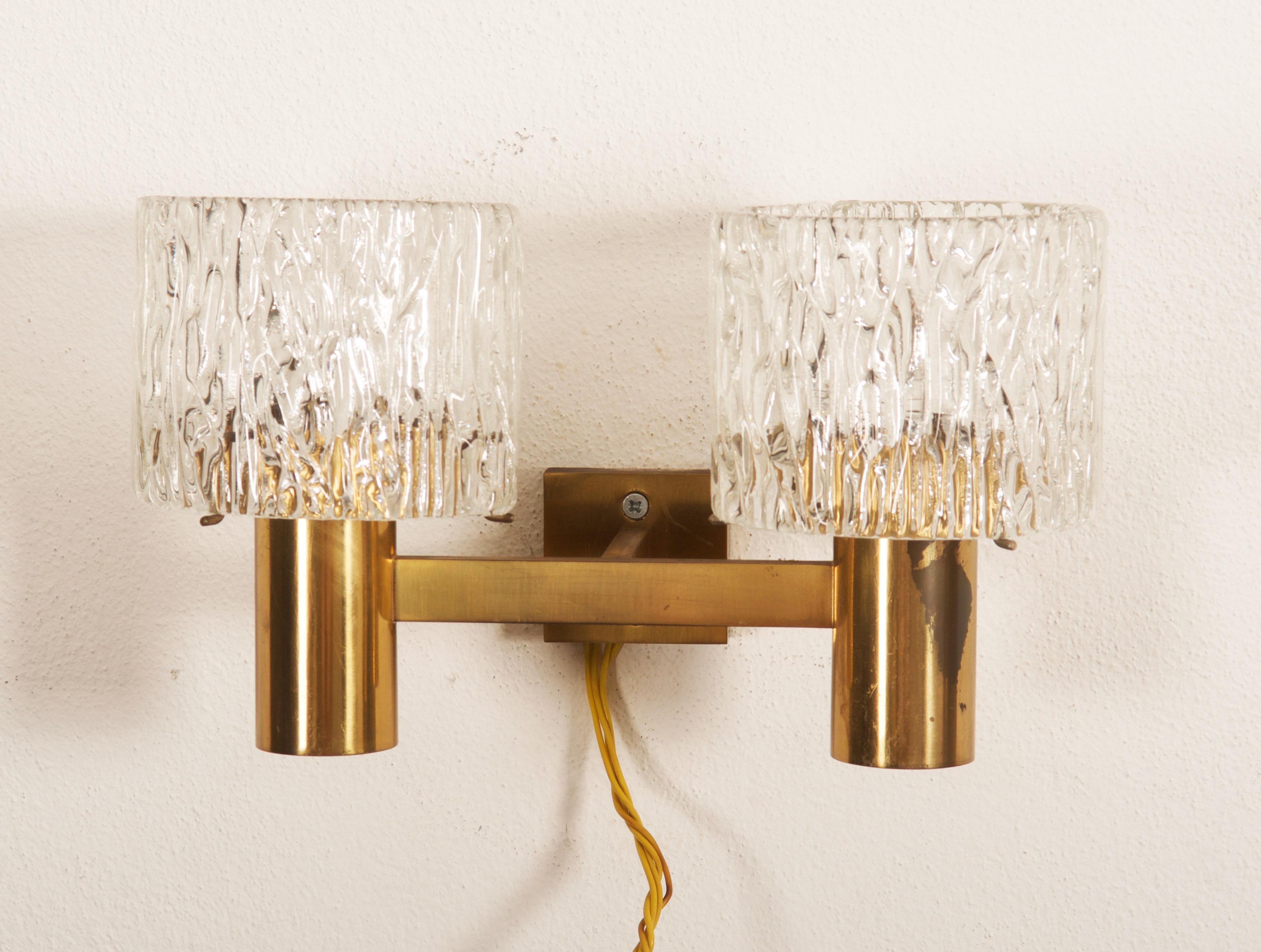 Scandinavian Modern Brass and Crystal Wall Lamps Designed by Carl Fagerlund for Orrefors Set of Two For Sale