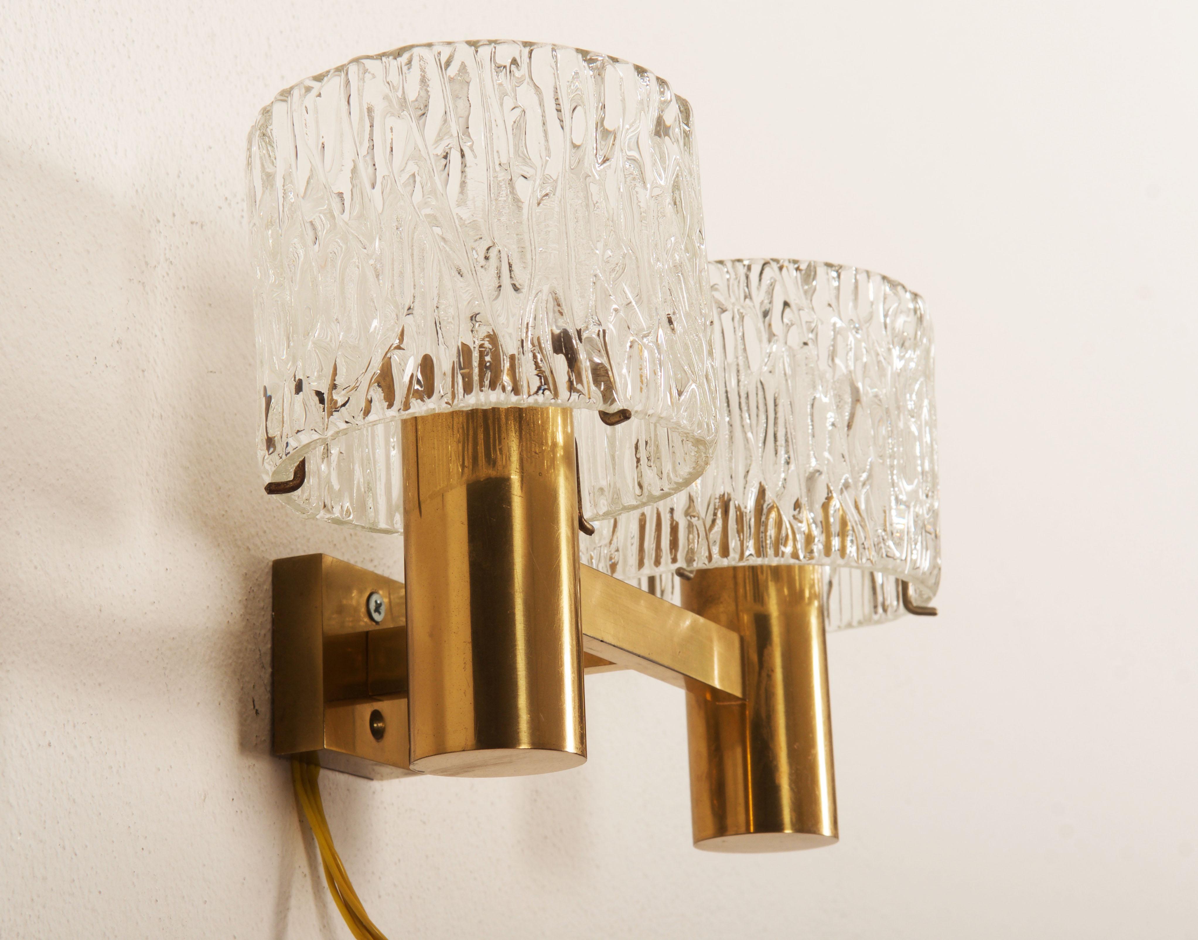 Swedish Brass and Crystal Wall Lamps Designed by Carl Fagerlund for Orrefors Set of Two For Sale