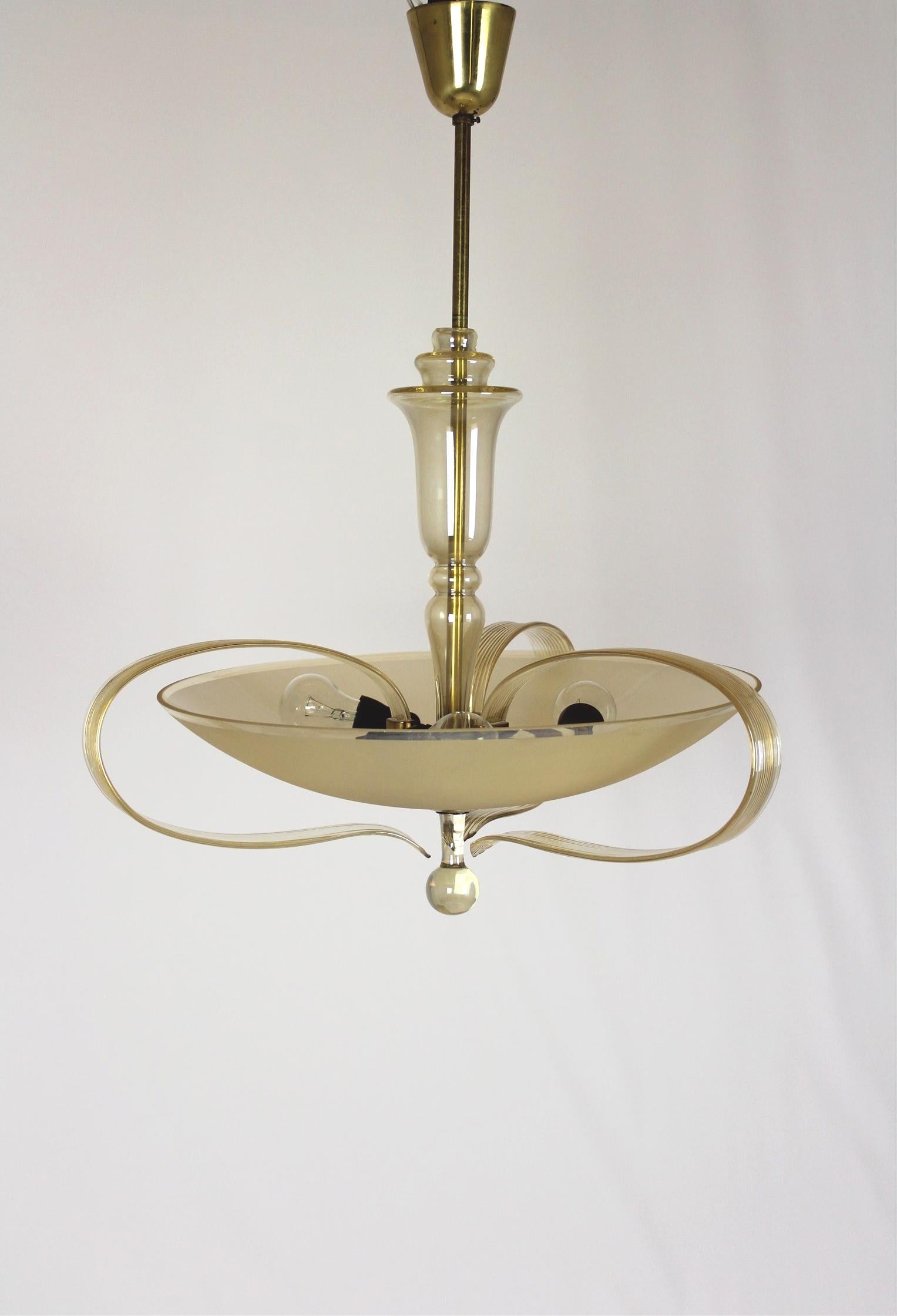 Brass and Curved Glass Chandelier from ESC Zukov, 1940s For Sale 9
