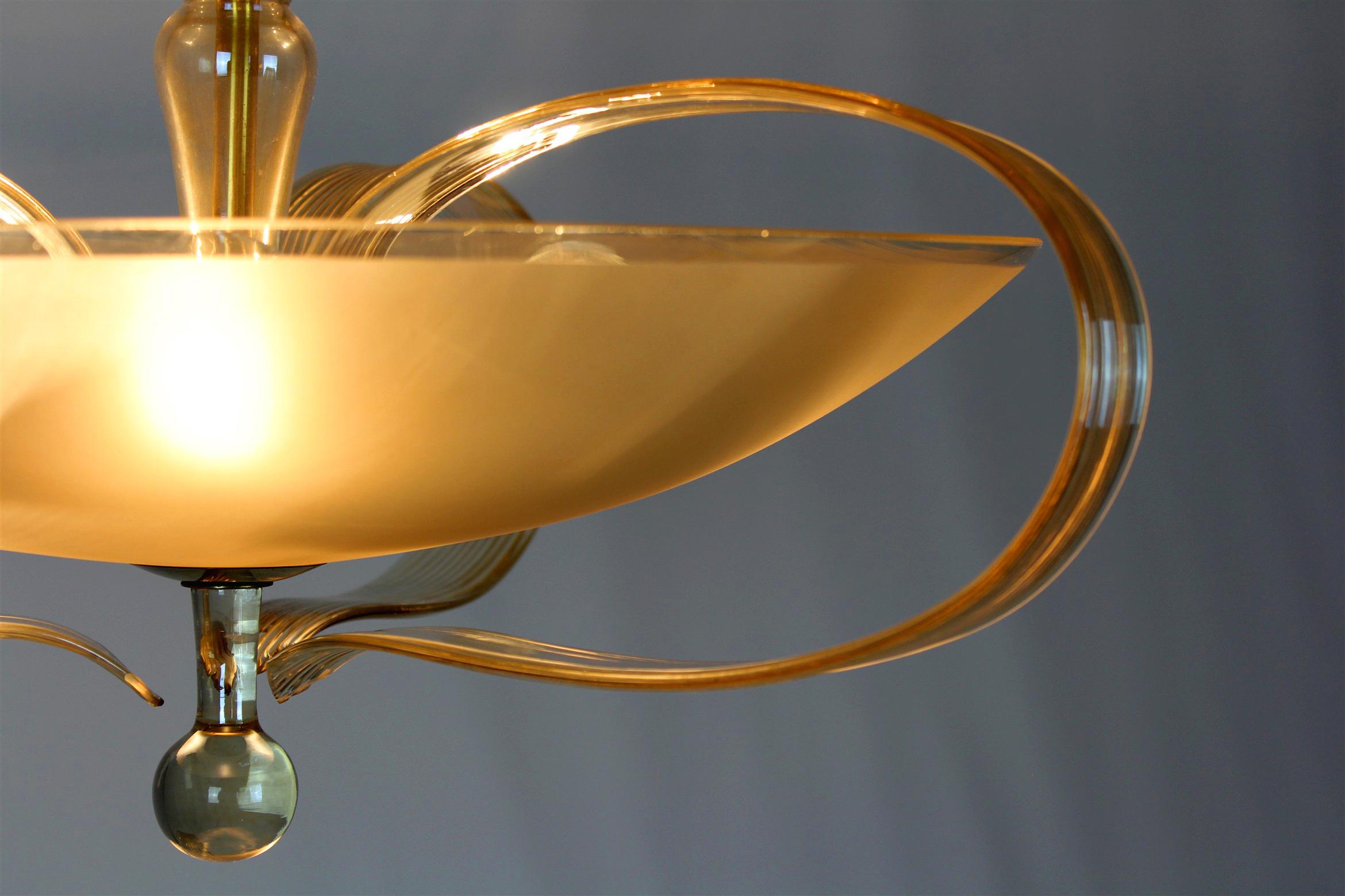 Brass and Curved Glass Chandelier from ESC Zukov, 1940s For Sale 14