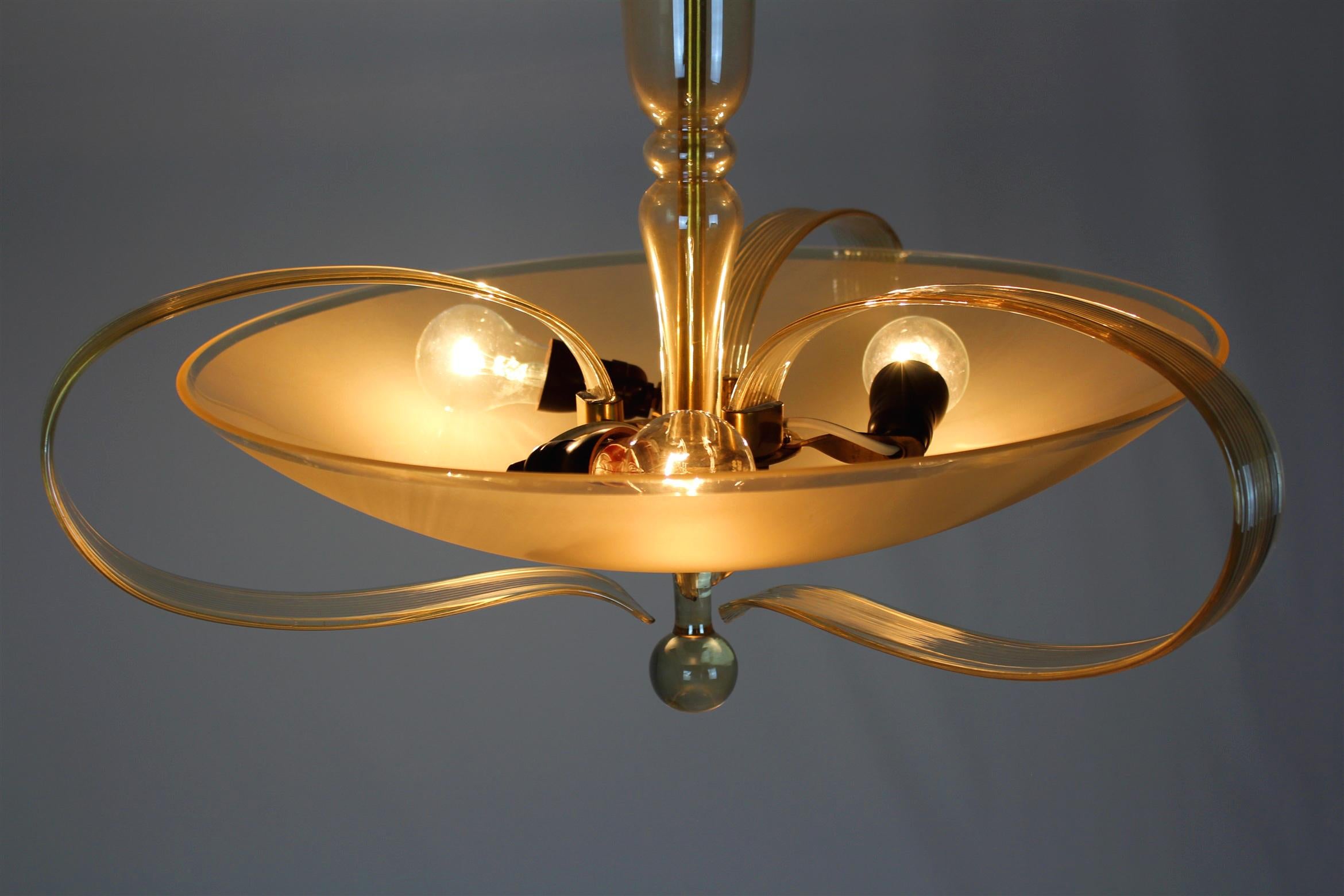 Brass and Curved Glass Chandelier from ESC Zukov, 1940s For Sale 15