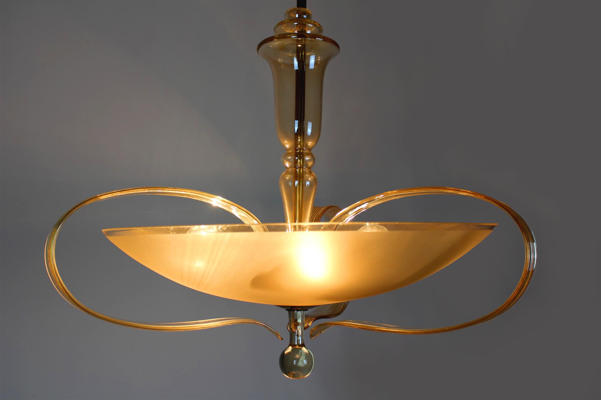 Art Deco Brass and Curved Glass Chandelier from ESC Zukov, 1940s For Sale