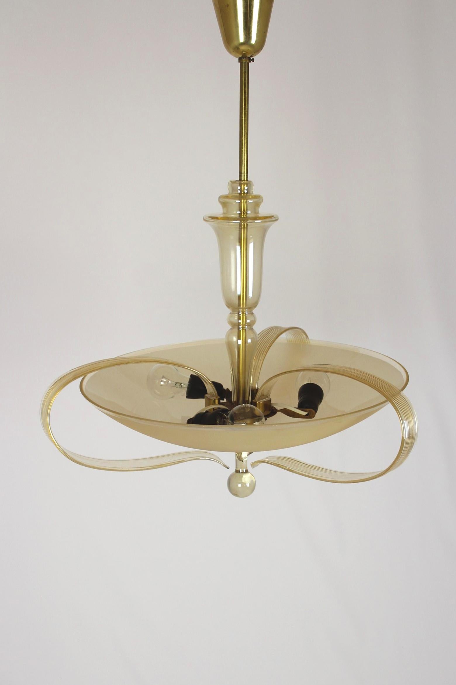 Brass and Curved Glass Chandelier from ESC Zukov, 1940s In Good Condition For Sale In Żory, PL