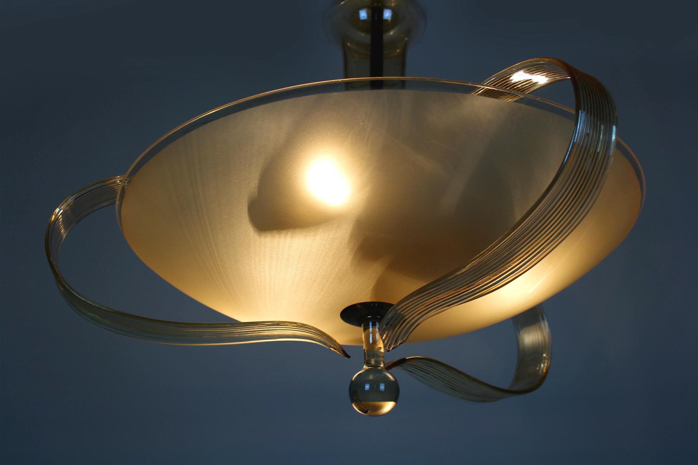 Brass and Curved Glass Chandelier from ESC Zukov, 1940s For Sale 2