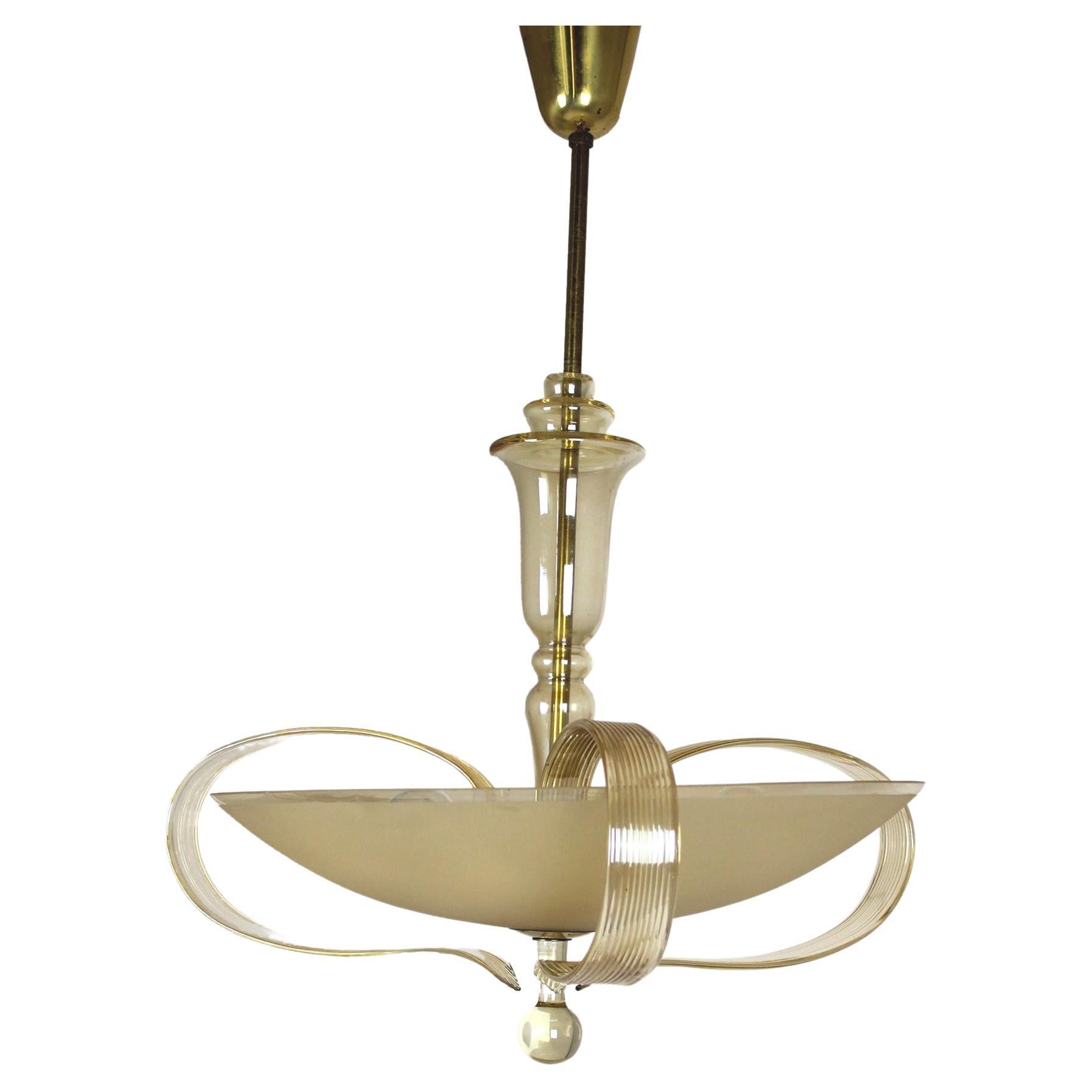 Brass and Curved Glass Chandelier from ESC Zukov, 1940s For Sale
