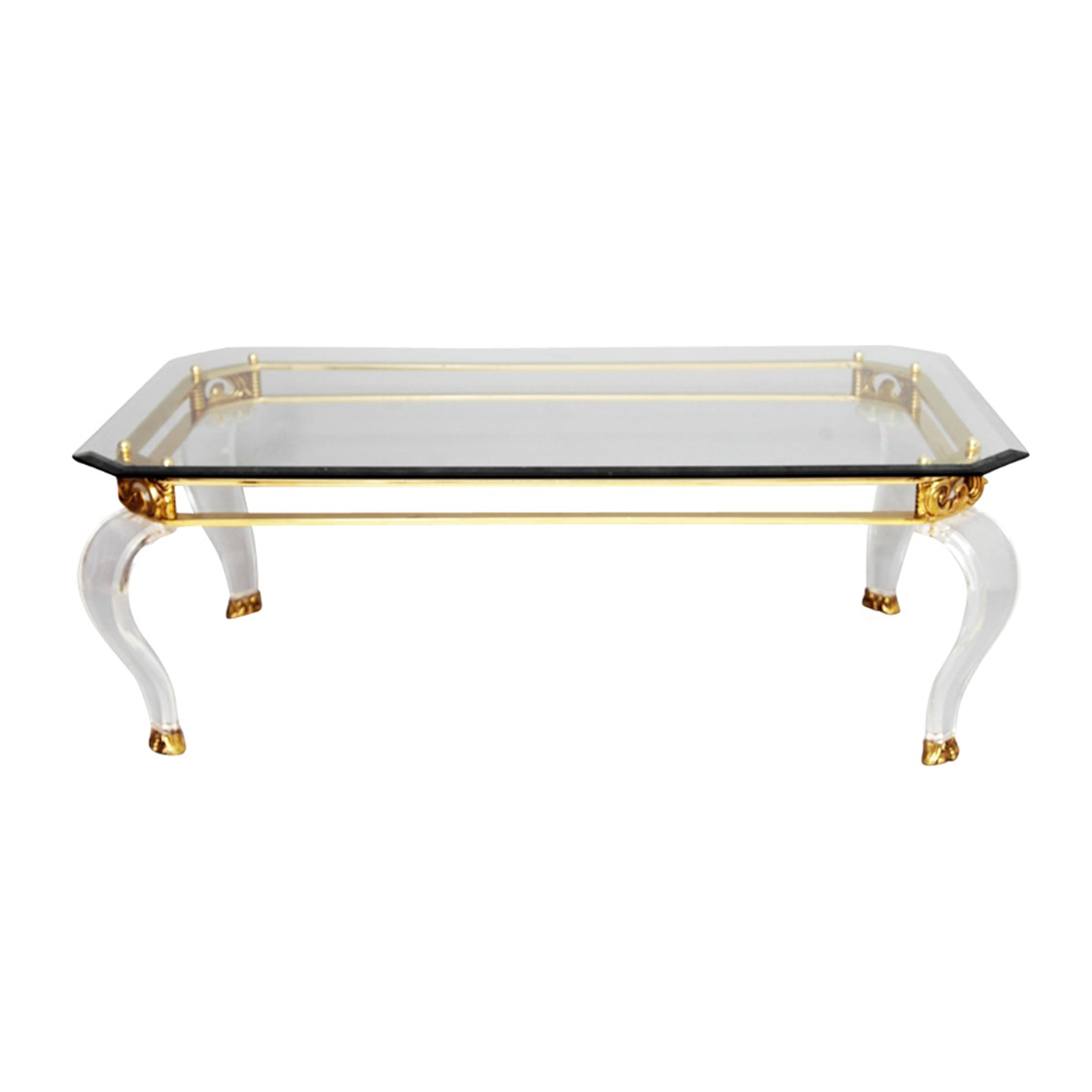 Brass and Curved Lucite Legs Coffee Table with Glass Top, Hollywood Regency 