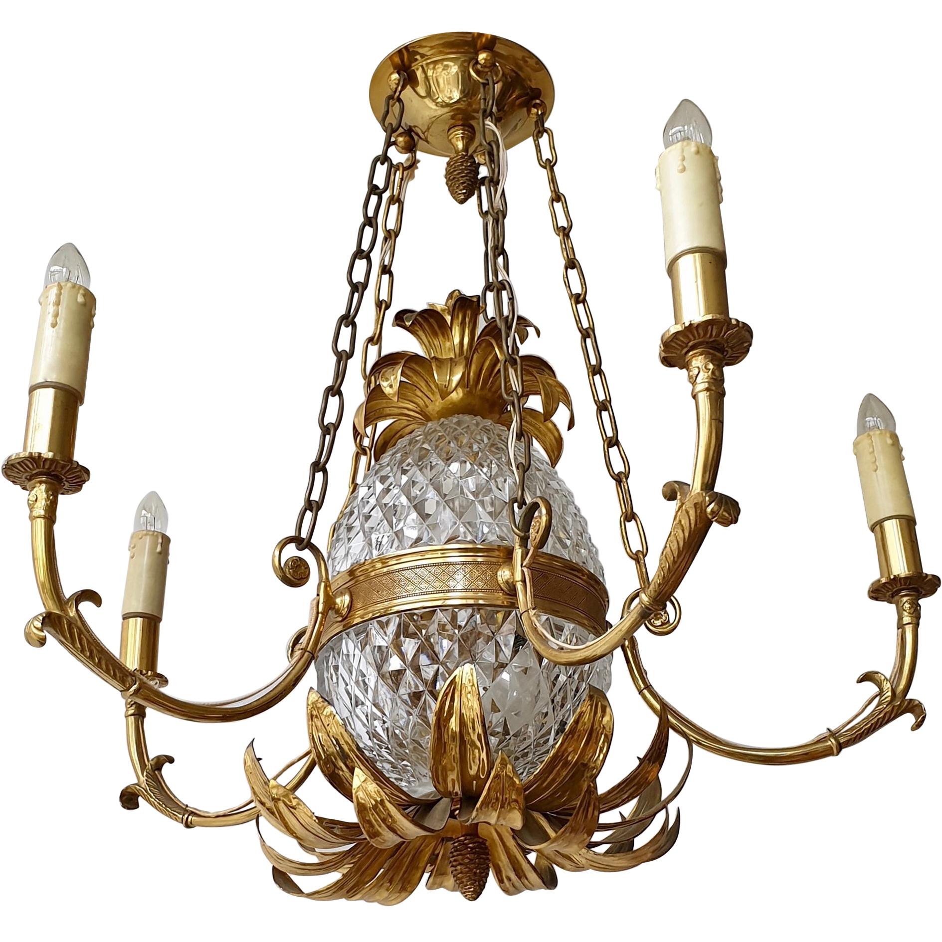 Brass and Cut Crystal Pineapple Chandelier with 5-Arm Light For Sale