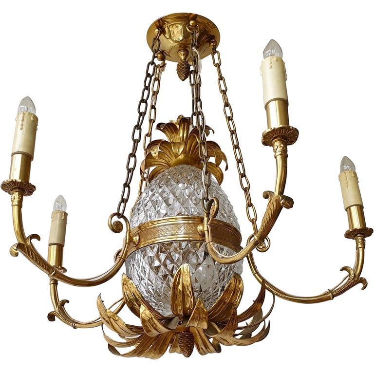 Brass and Cut Crystal Pineapple Chandelier with 5-Arm Light
