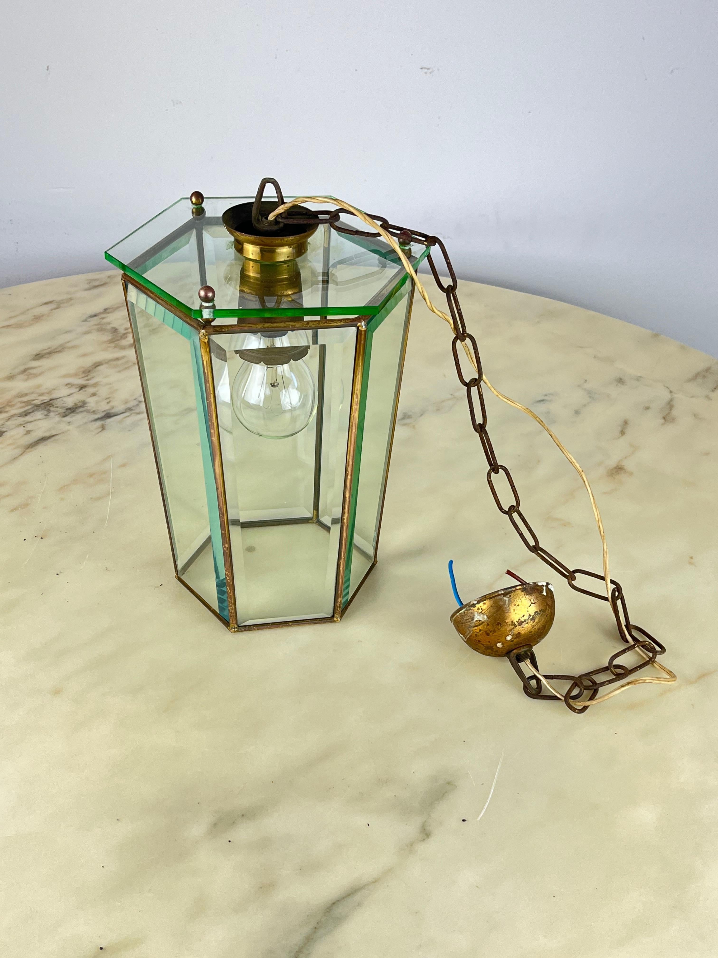 Brass and Cut Glass Pendant Lamp, Attributed to Adolf Loos, Austria, 1930s For Sale 4