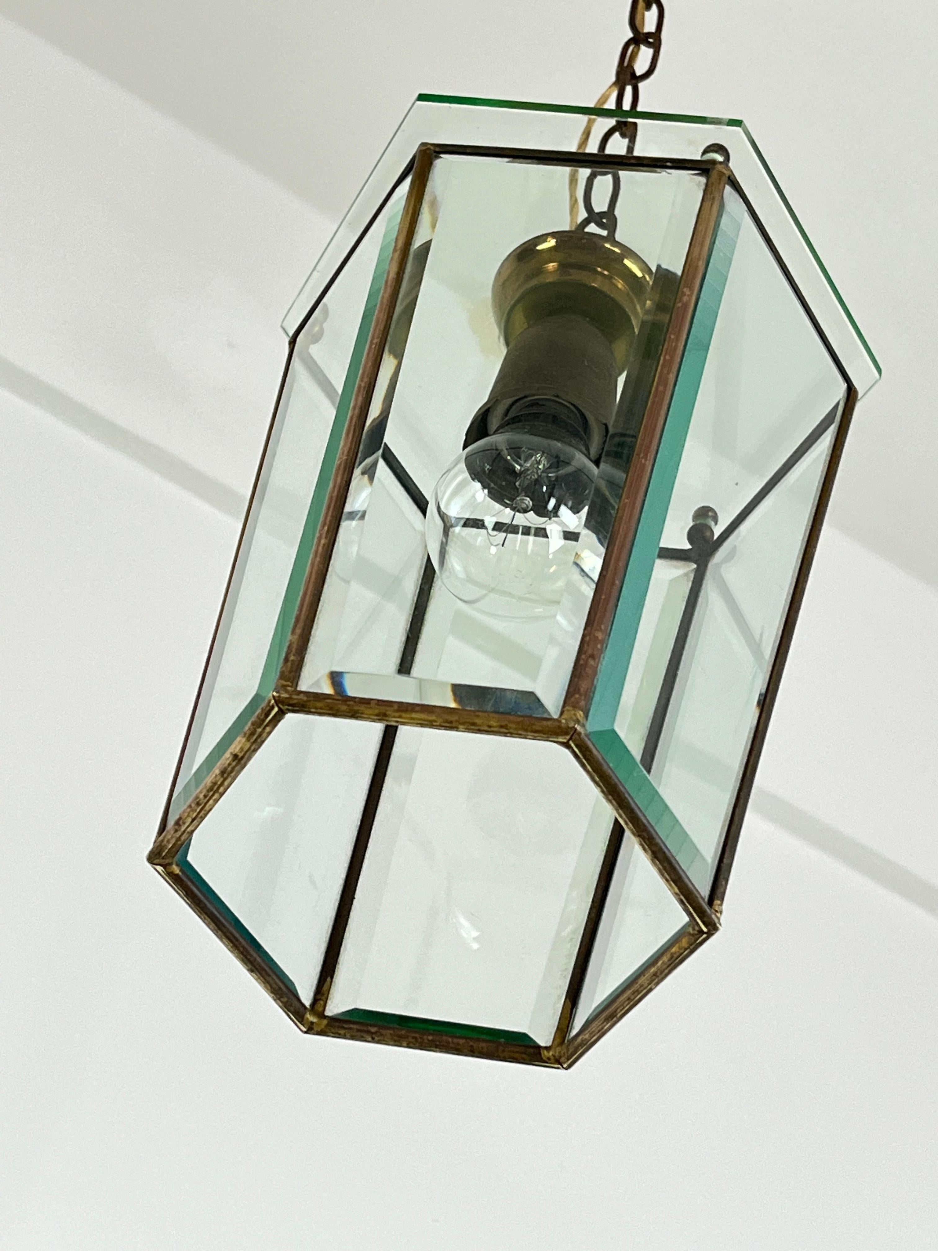 Brass and Cut Glass Pendant Lamp, Attributed to Adolf Loos, Austria, 1930s For Sale 5