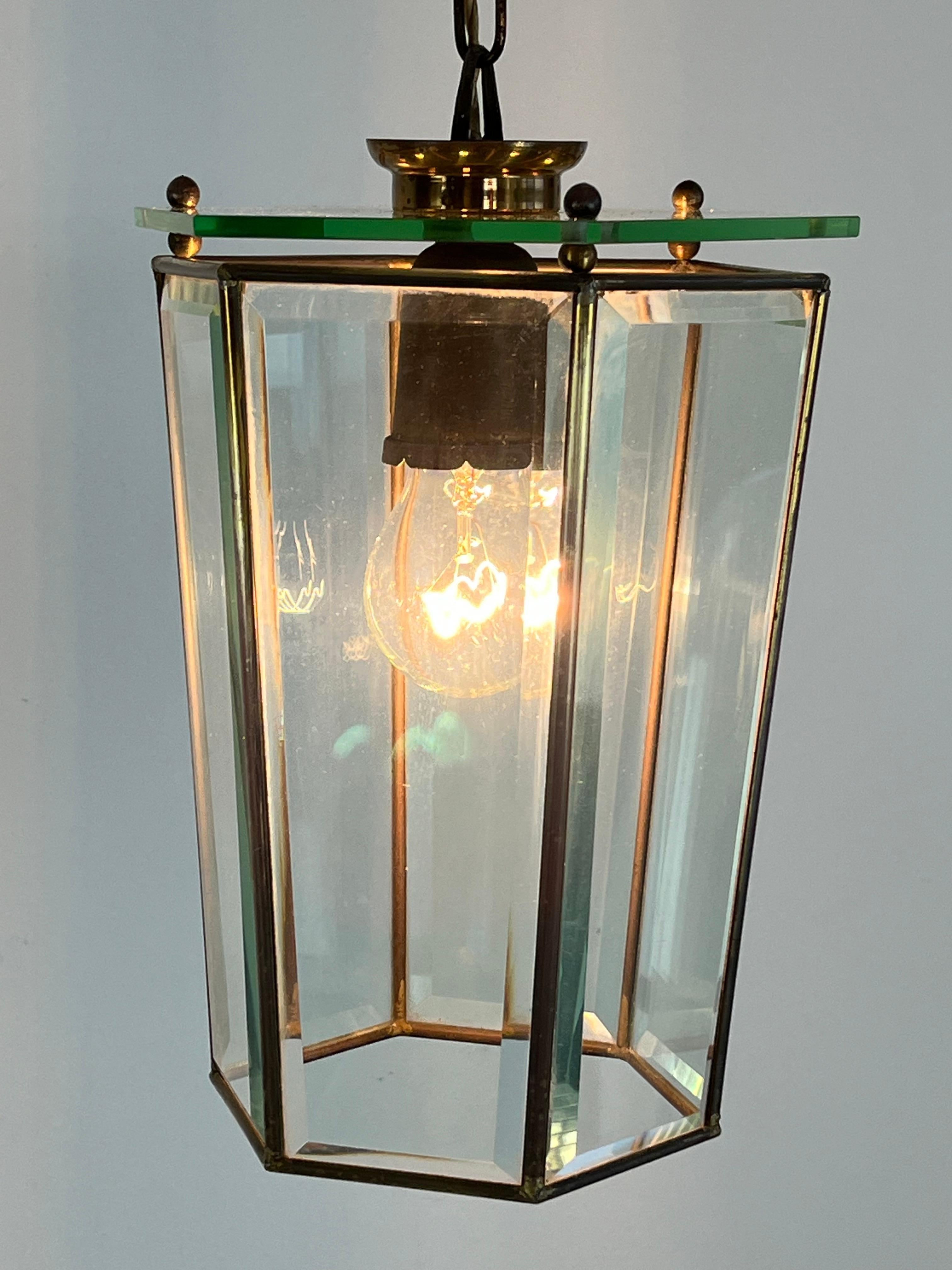 Austrian Brass and Cut Glass Pendant Lamp, Attributed to Adolf Loos, Austria, 1930s For Sale