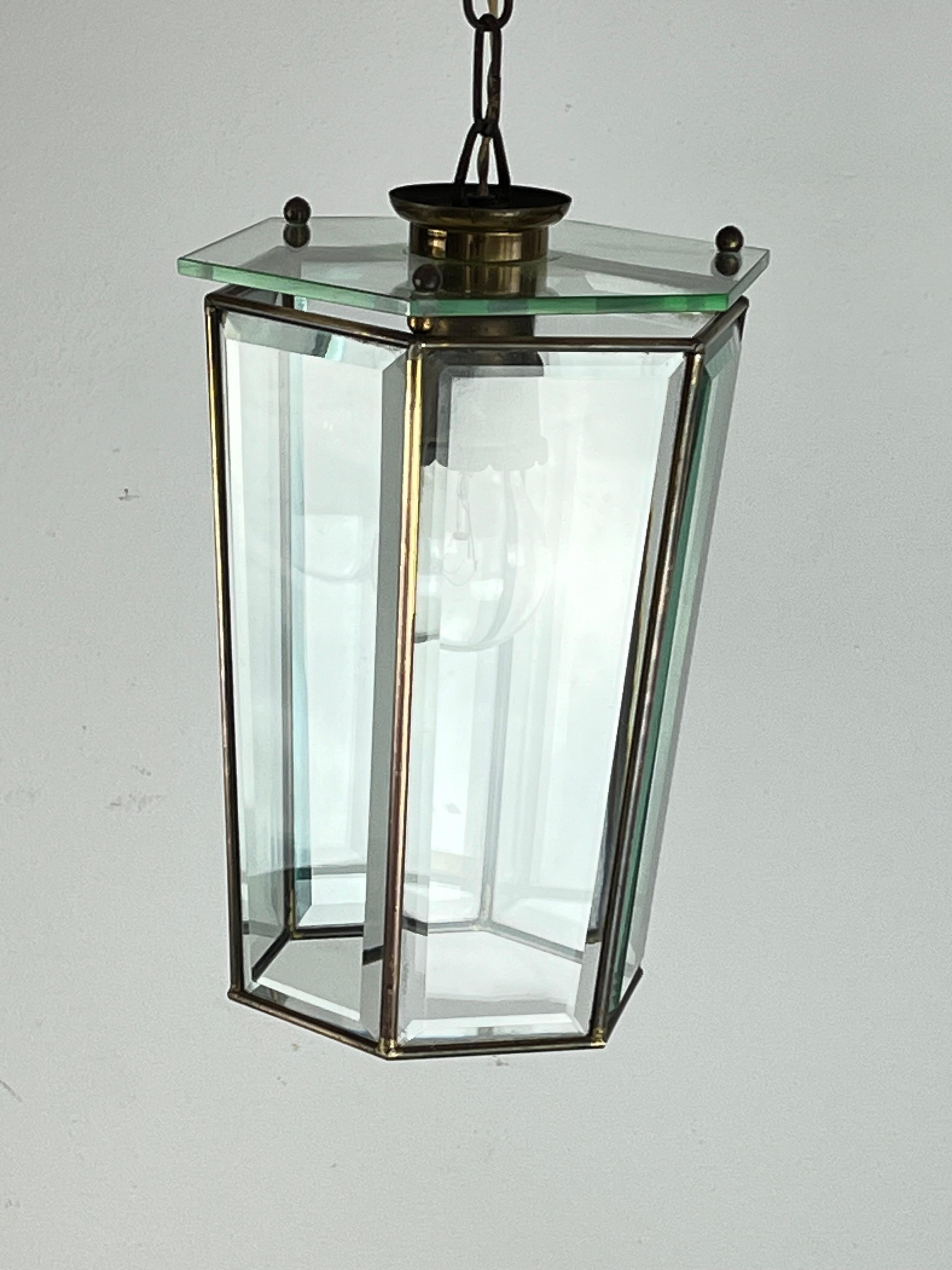 Mid-20th Century Brass and Cut Glass Pendant Lamp, Attributed to Adolf Loos, Austria, 1930s For Sale